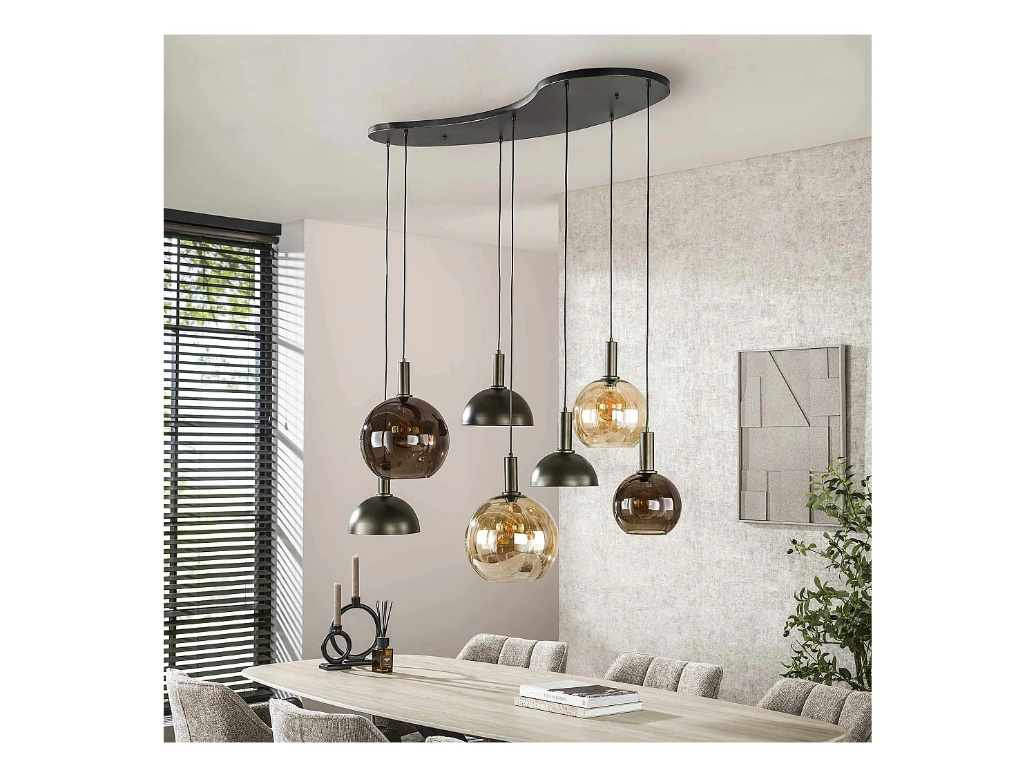 Suspension industrielle abat-jour verre et métal 7 lampes NOVA