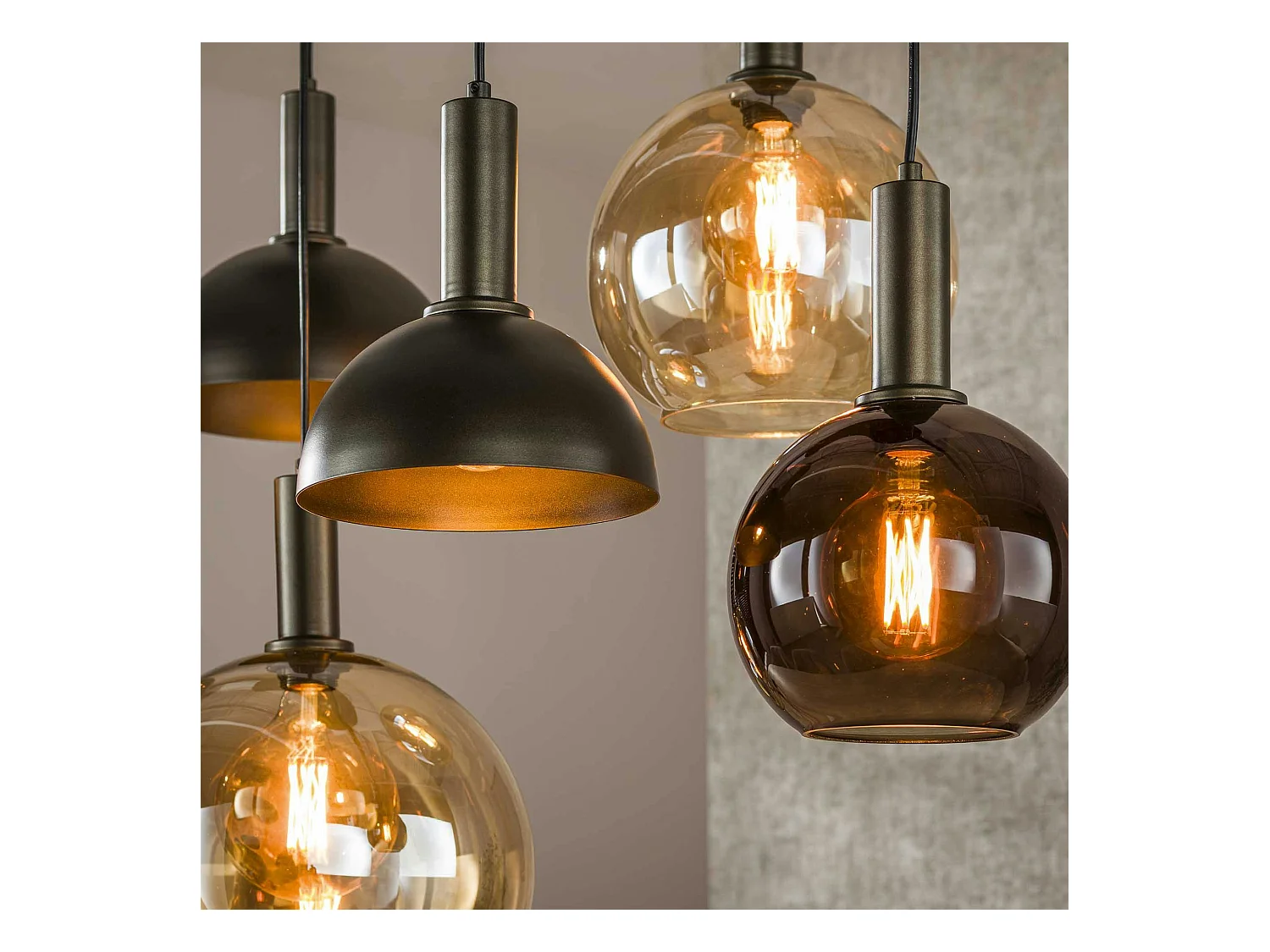 Suspension industrielle abat-jour verre et métal 7 lampes NOVA