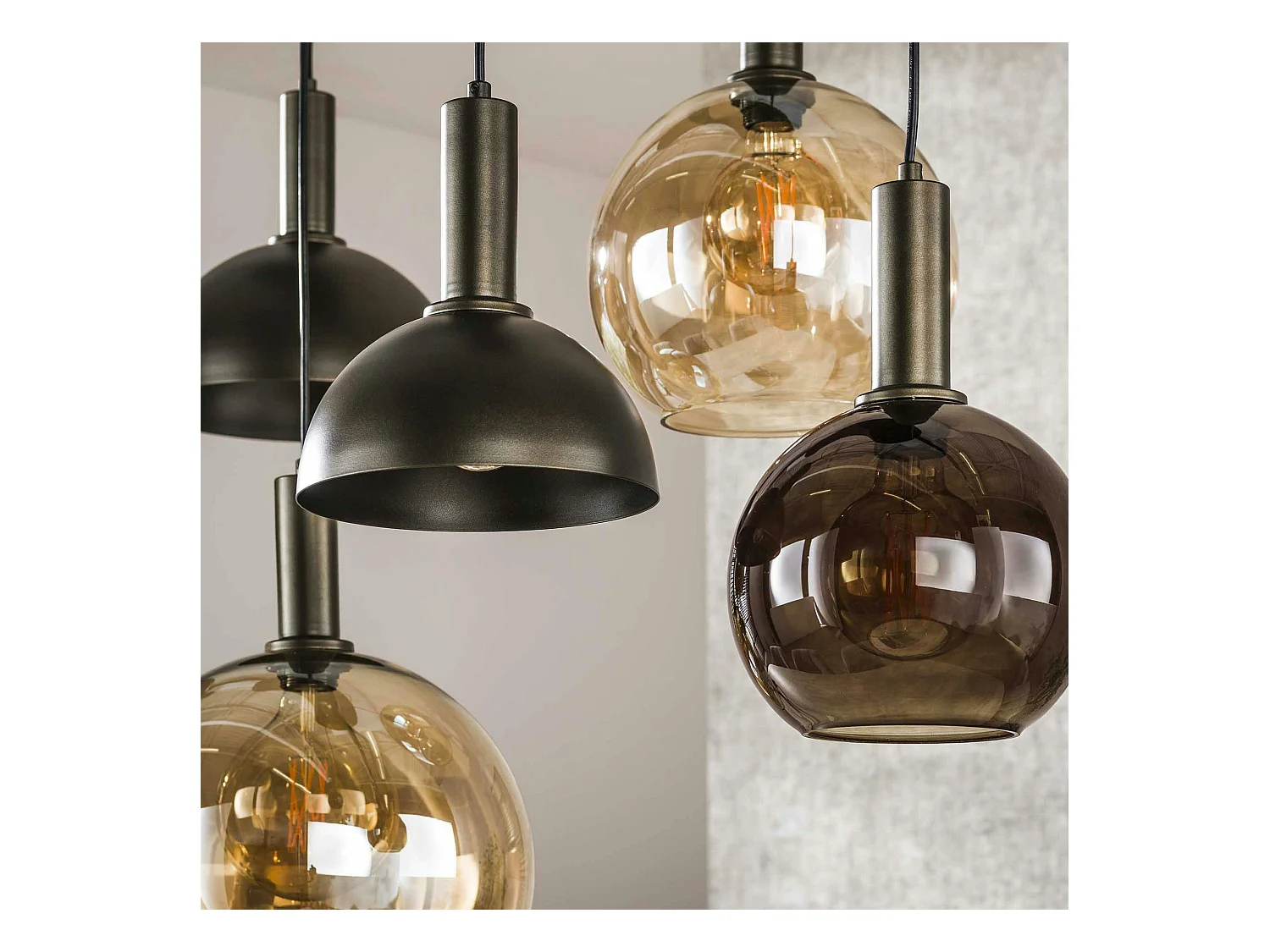 Suspension industrielle abat-jour verre et métal 7 lampes NOVA