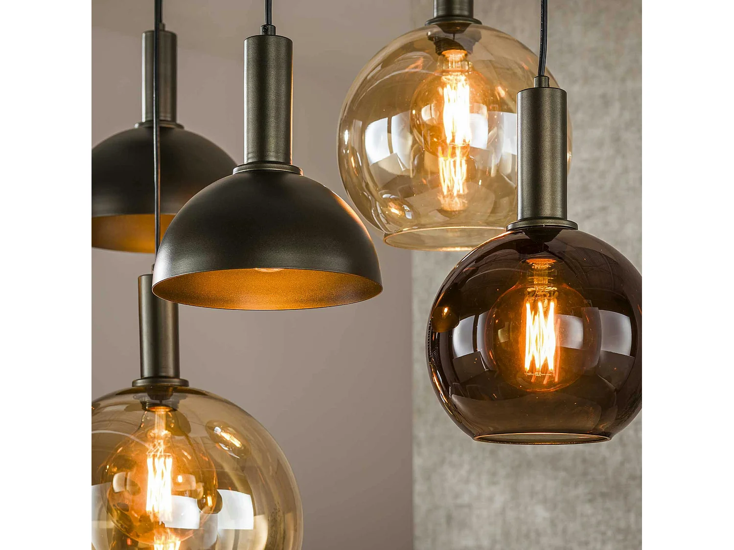 Suspension industrielle abat-jour verre et métal 7 lampes NOVA