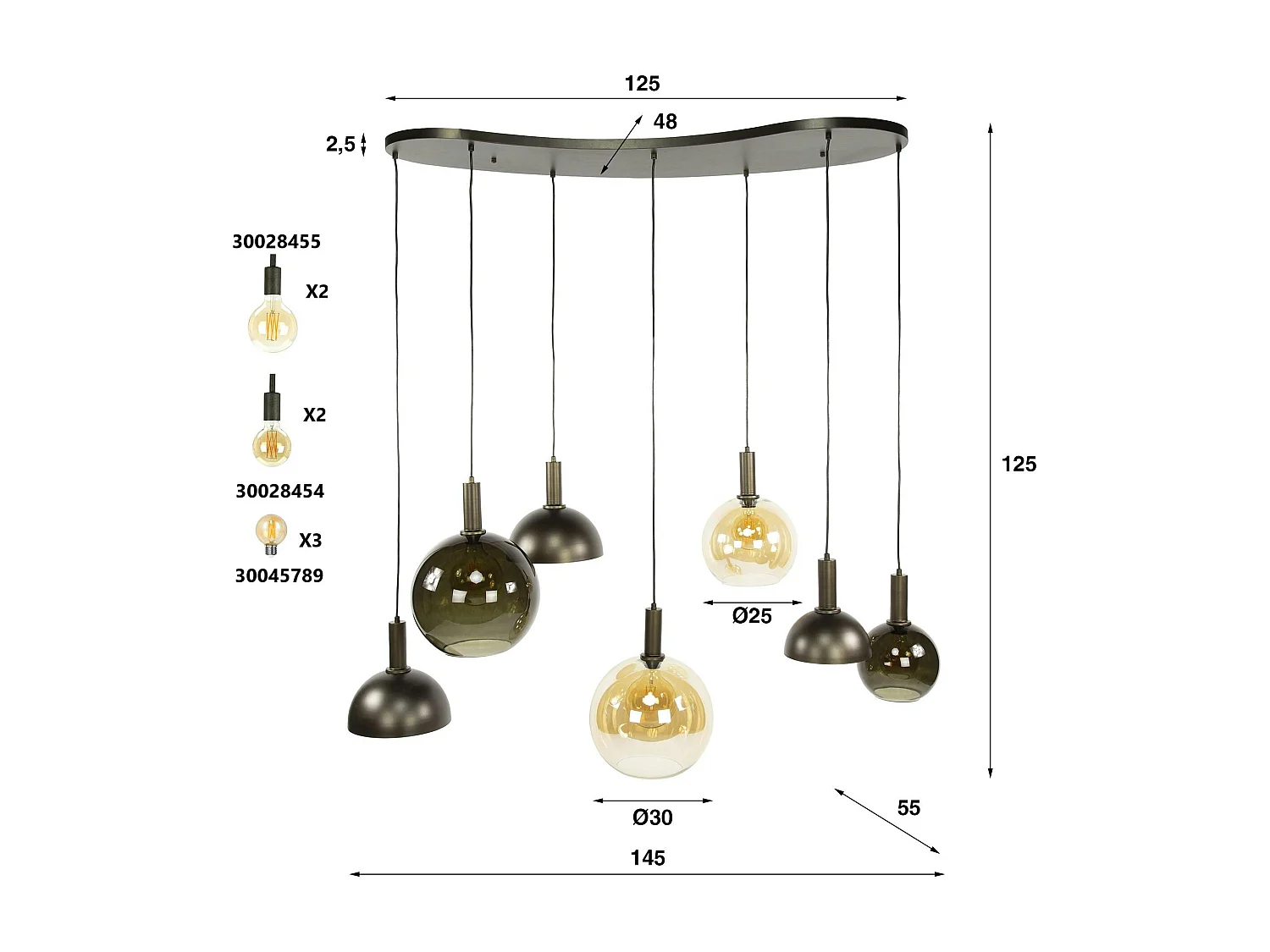 Suspension industrielle abat-jour verre et métal 7 lampes NOVA