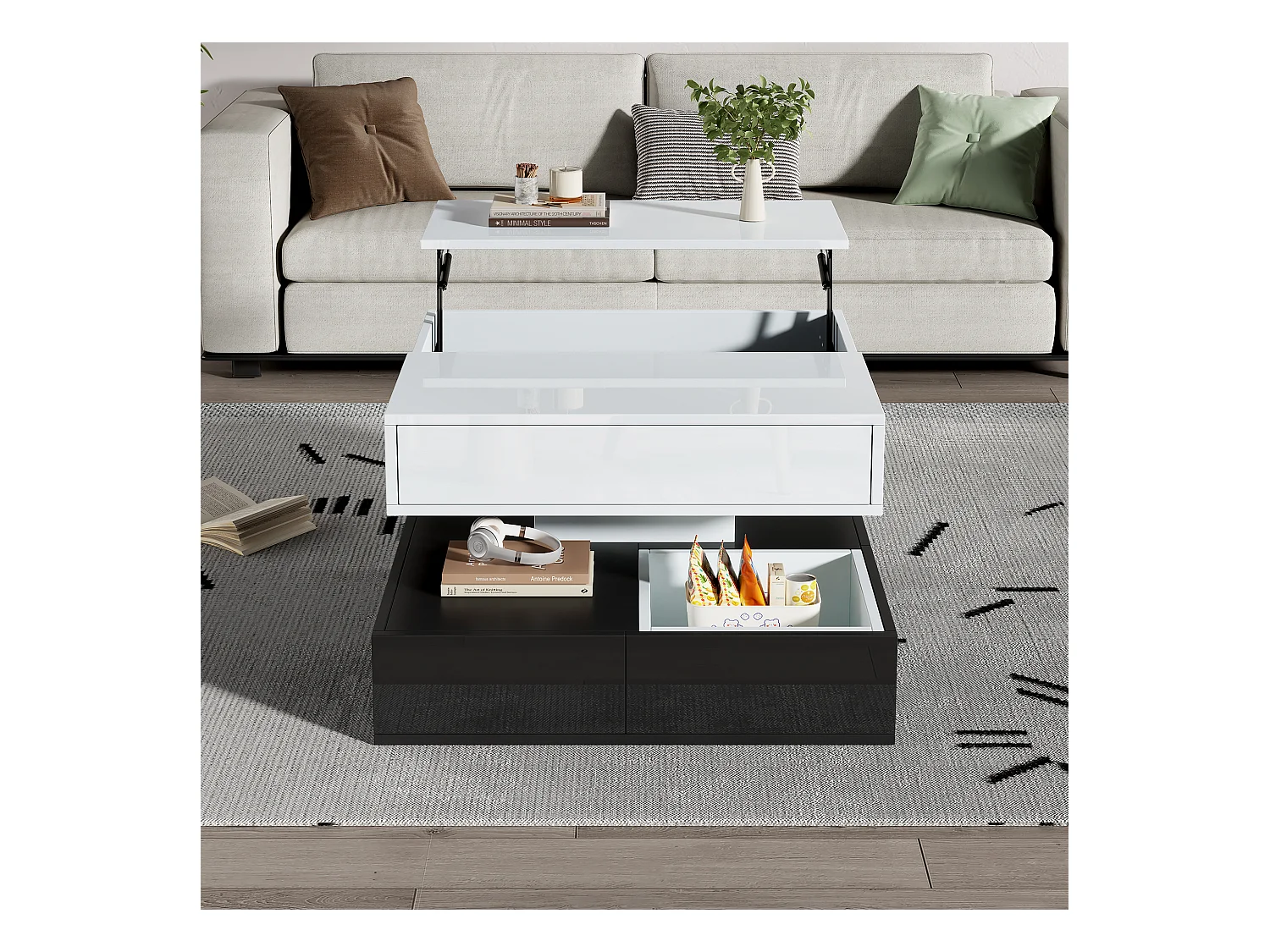 Tavolino da caffè sollevabile bianco e nero con 3 cassetti, piano girevole bianco 83x70x40cm