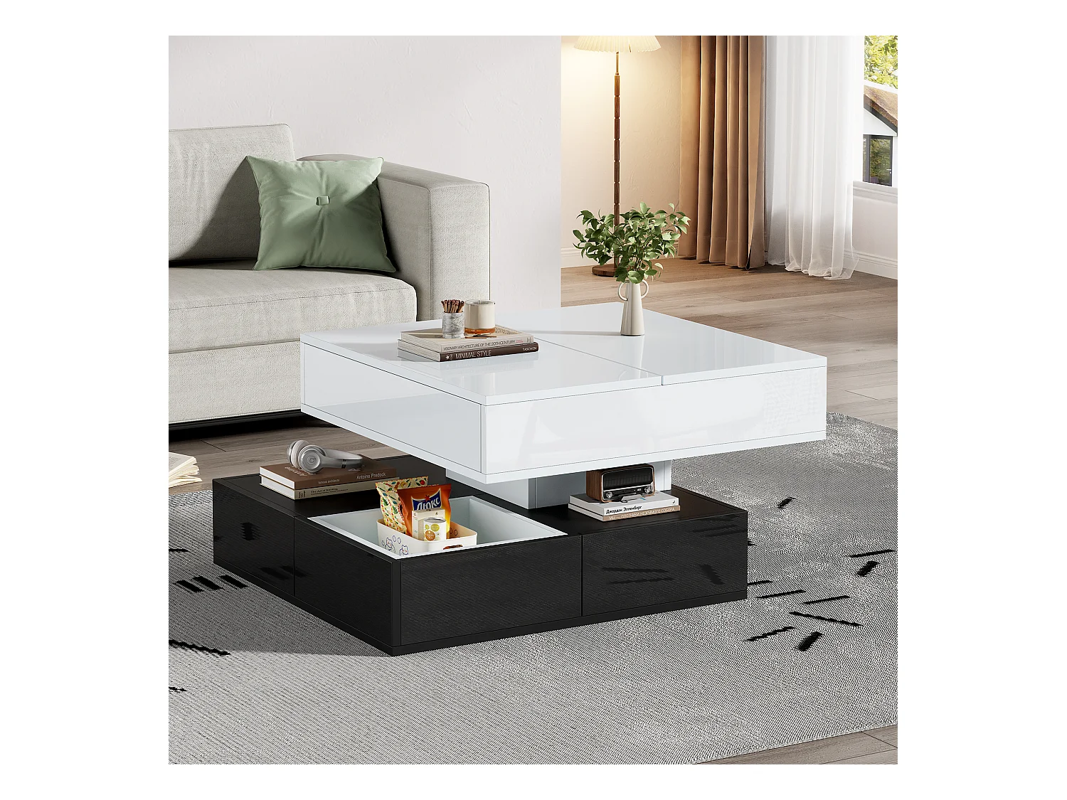 Tavolino da caffè sollevabile bianco e nero con 3 cassetti, piano girevole bianco 83x70x40cm