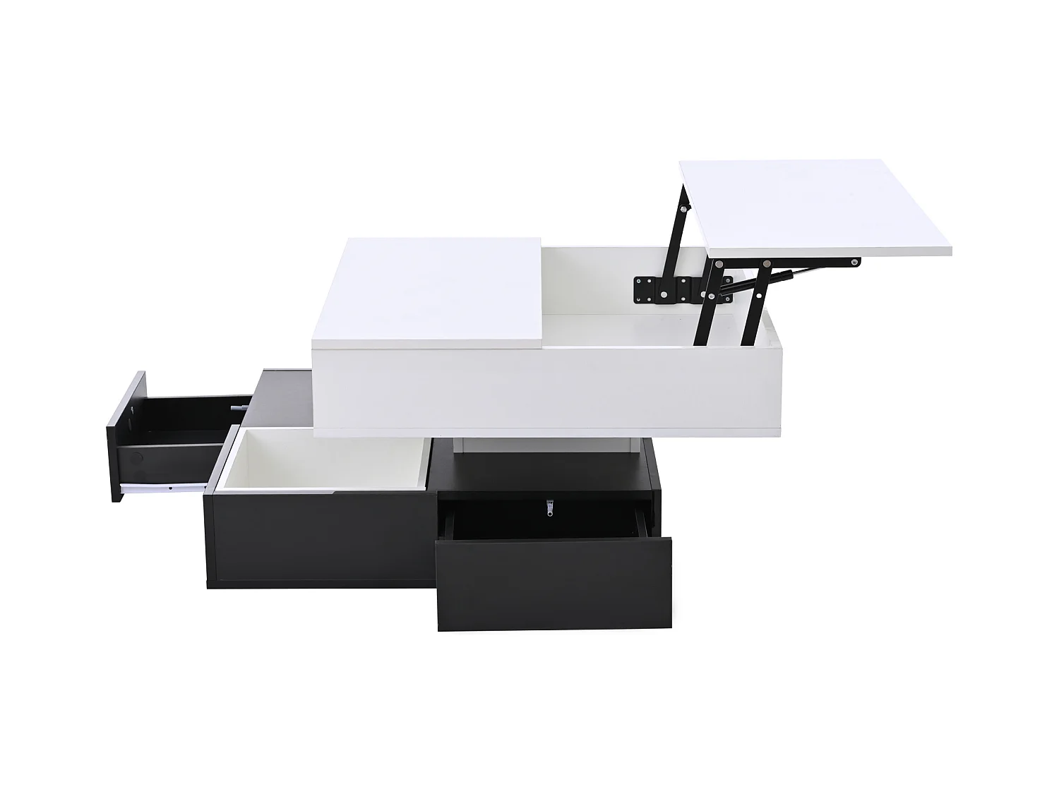 Tavolino da caffè sollevabile bianco e nero con 3 cassetti, piano girevole bianco 83x70x40cm