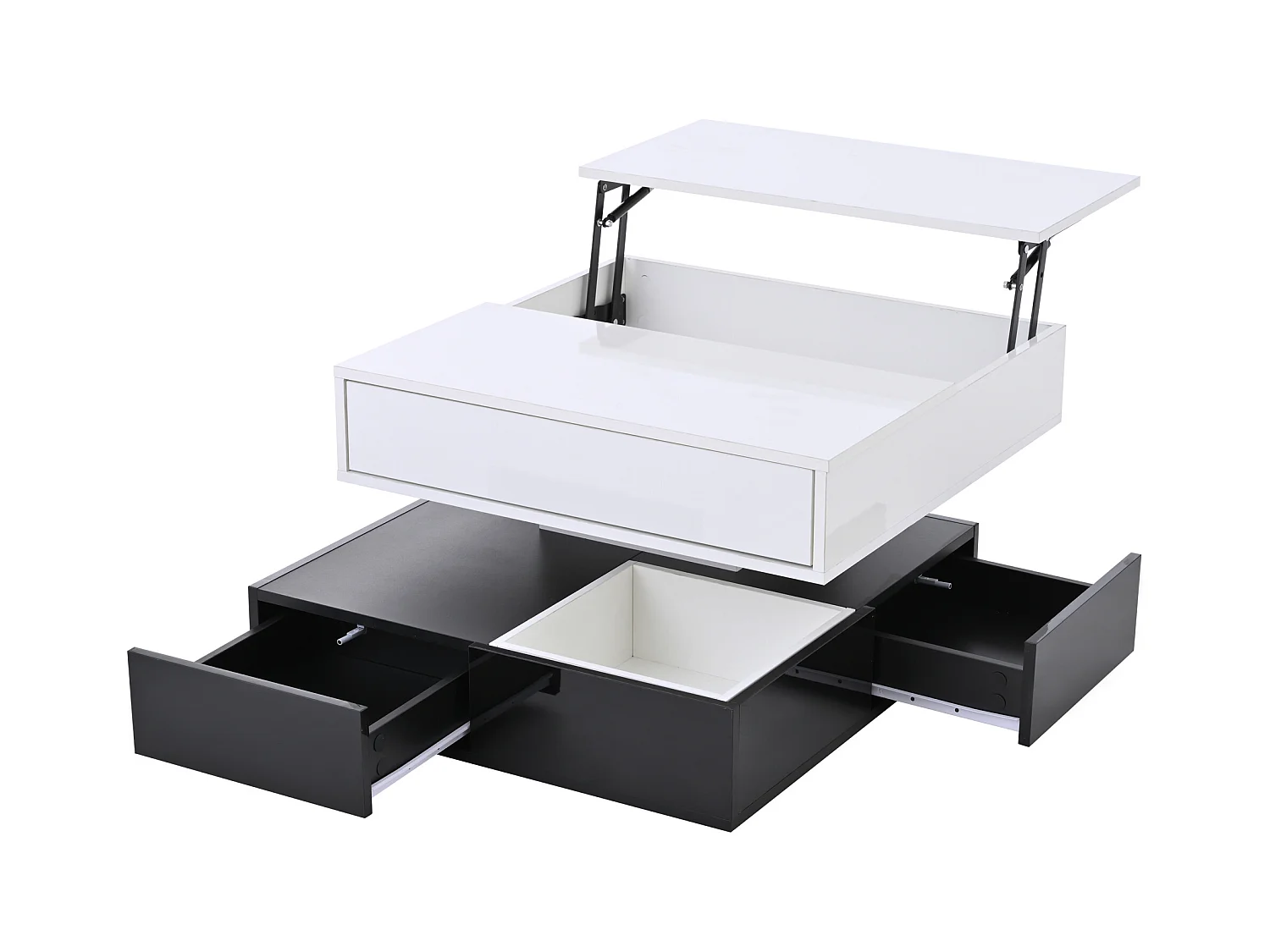 Tavolino da caffè sollevabile bianco e nero con 3 cassetti, piano girevole bianco 83x70x40cm