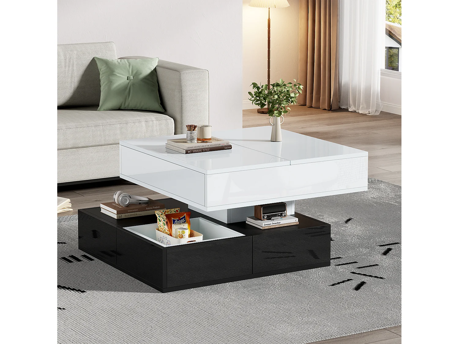 Zwart-witte opklapbare salontafel met 3 lades, draaibaar wit blad 83x70x40cm