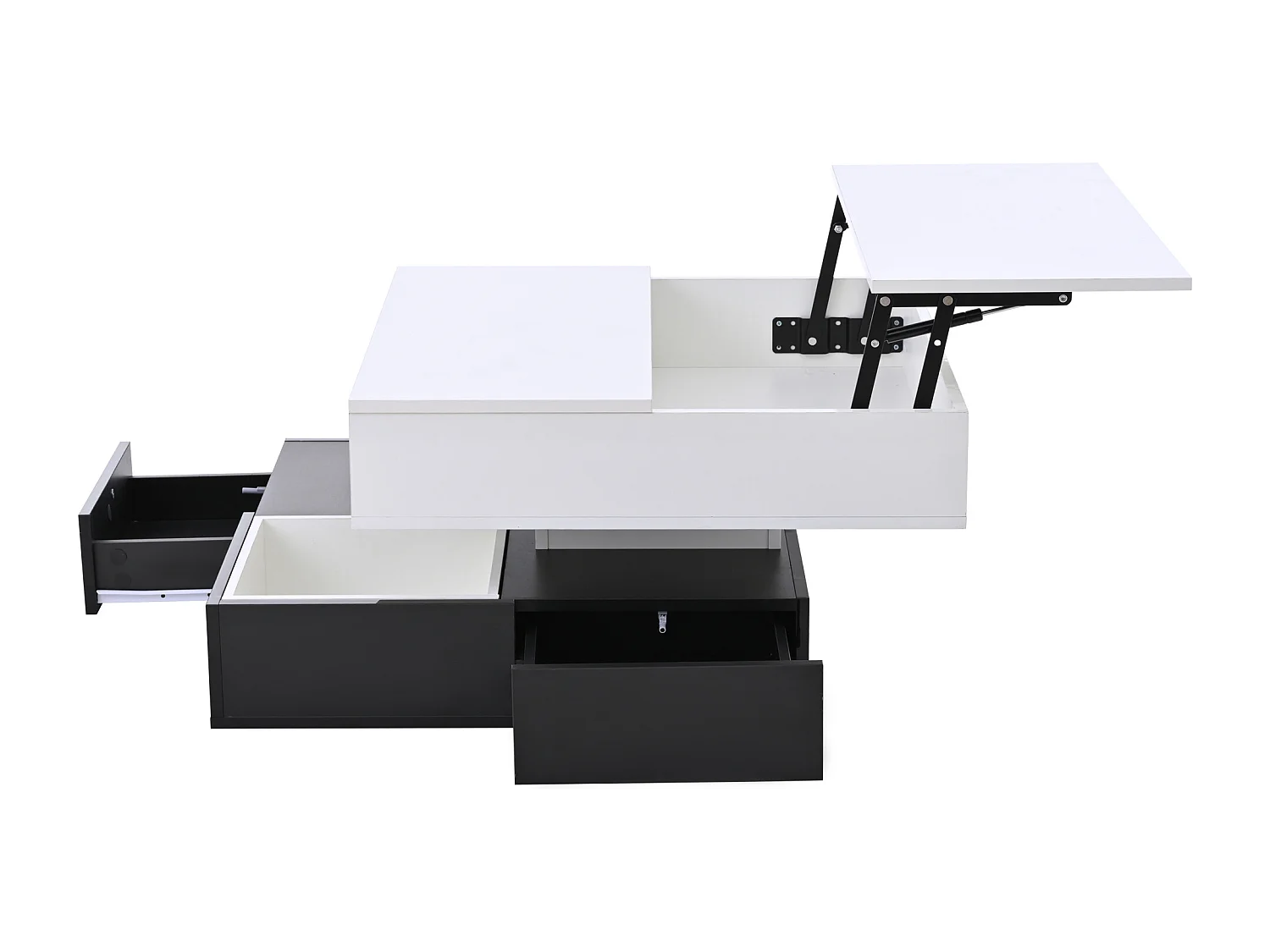 Zwart-witte opklapbare salontafel met 3 lades, draaibaar wit blad 83x70x40cm