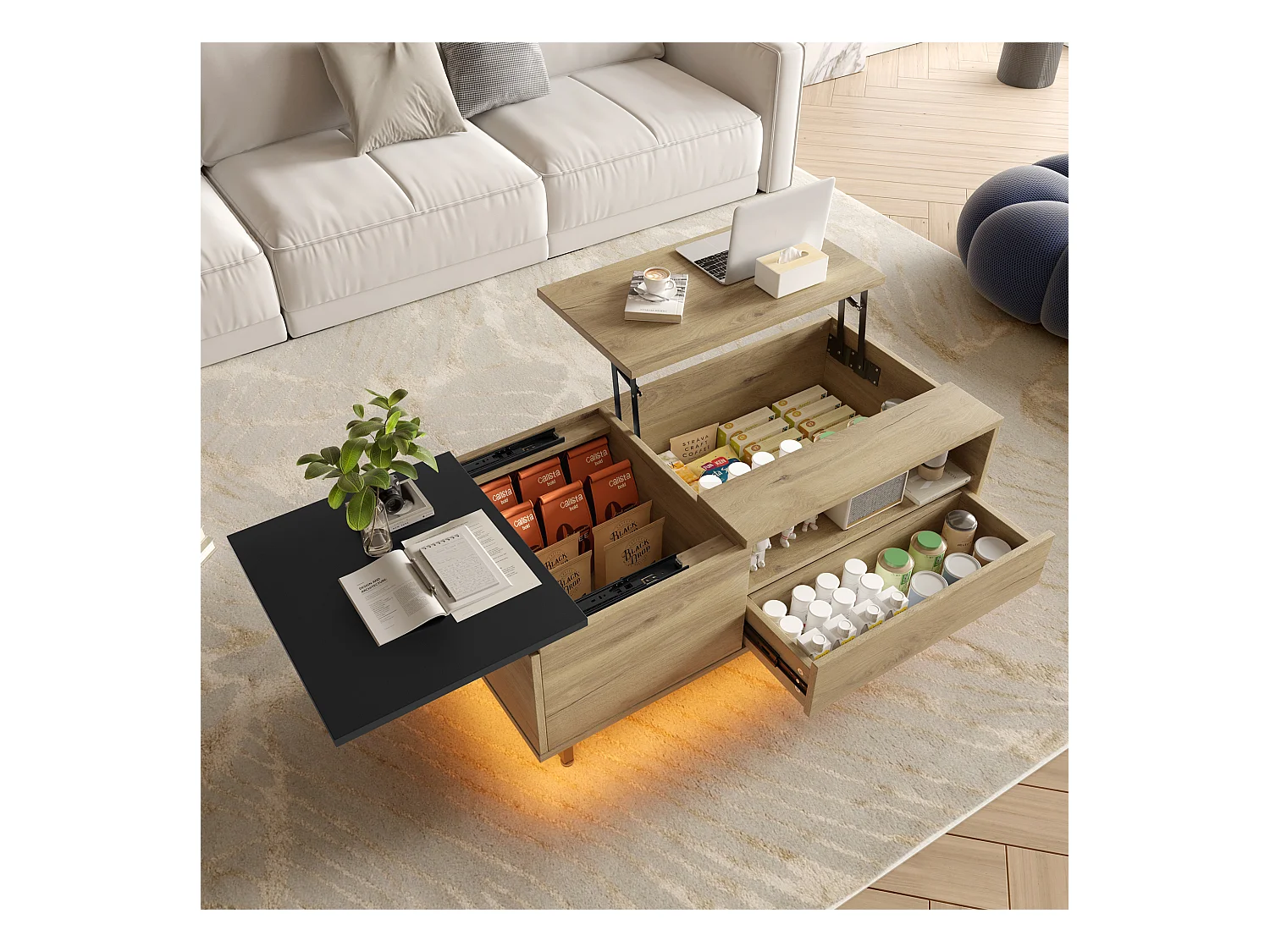 Table basse relevable naturelle et noire avec éclairage LED, tiroir et rangement 103,5x50x30cm