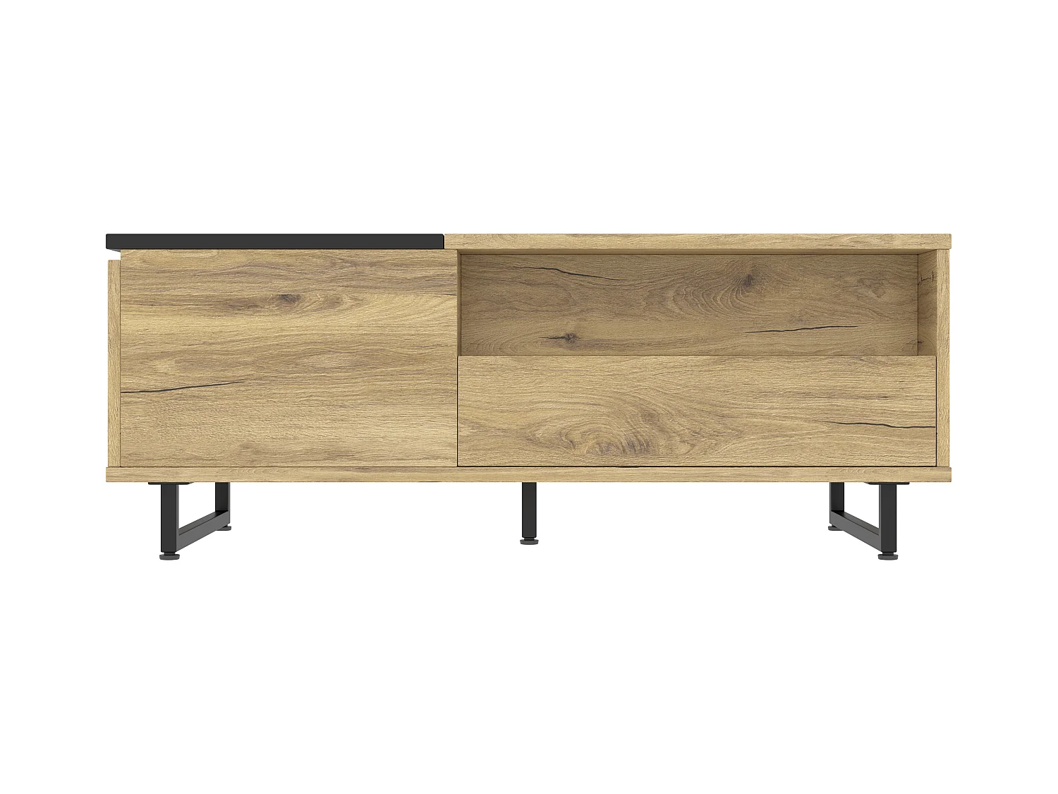 Table basse relevable naturelle et noire avec éclairage LED, tiroir et rangement 103,5x50x30cm