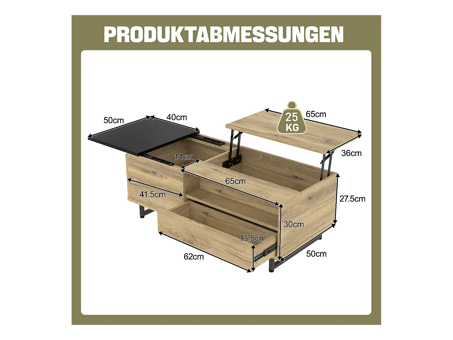 Table basse relevable naturelle et noire avec éclairage LED, tiroir et rangement 103,5x50x30cm