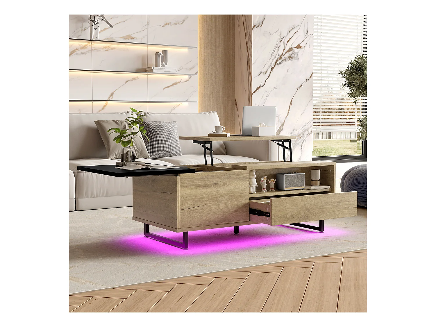 Table basse relevable naturelle et noire avec éclairage LED, tiroir et rangement 103,5x50x30cm