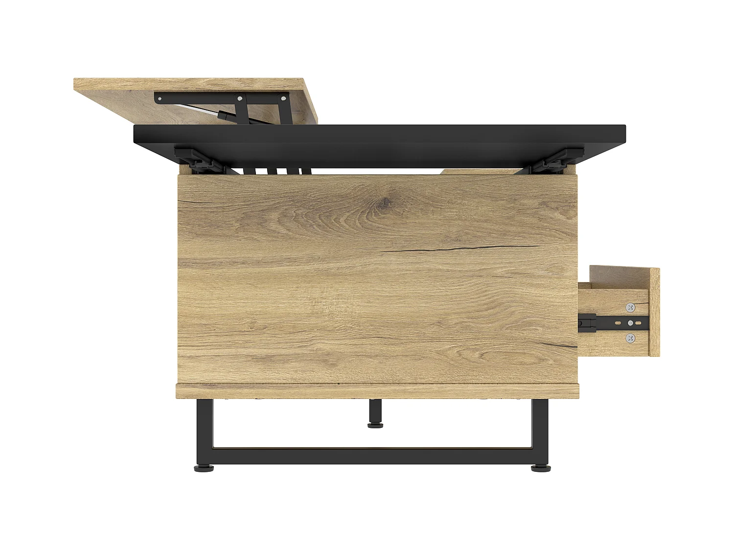 Table basse relevable naturelle et noire avec éclairage LED, tiroir et rangement 103,5x50x30cm