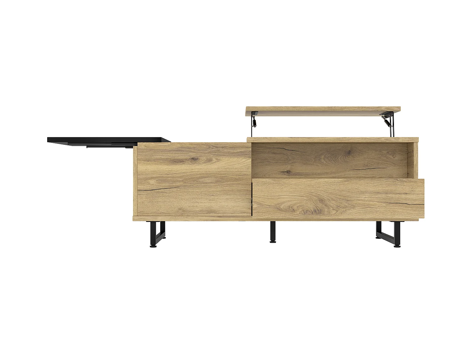 Table basse relevable naturelle et noire avec éclairage LED, tiroir et rangement 103,5x50x30cm