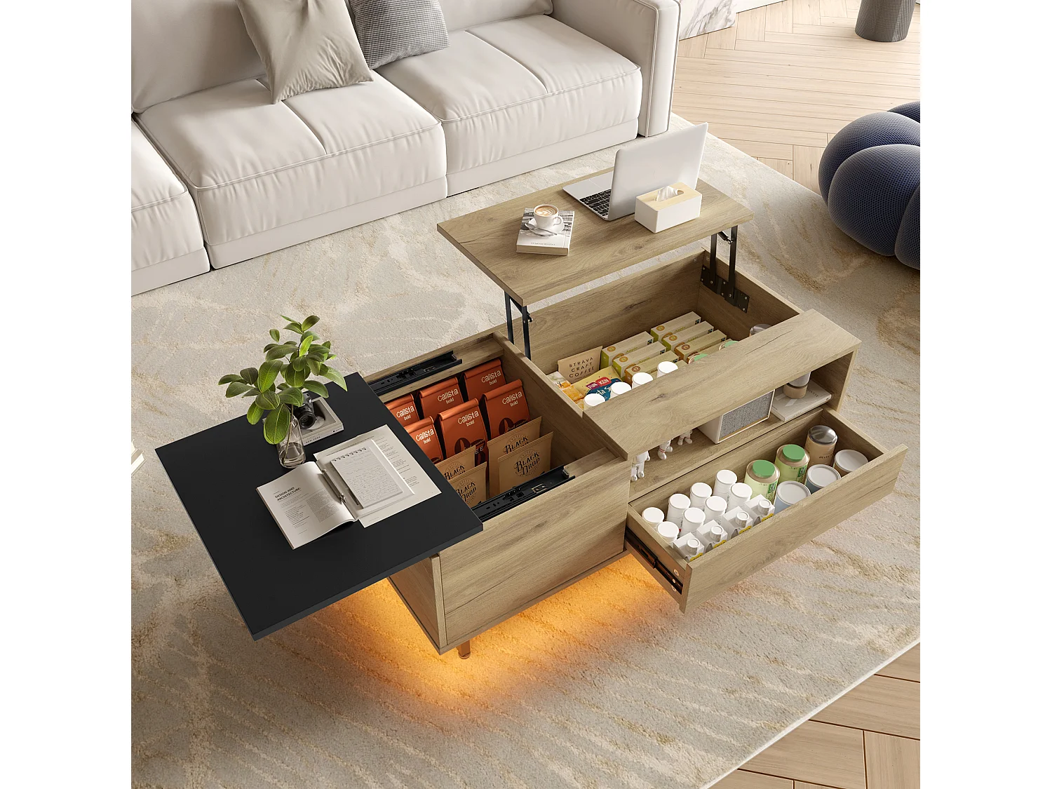 Mesa de centro elevável natural e preta com iluminação LED, gaveta e arrumação 103,5x50x30cm