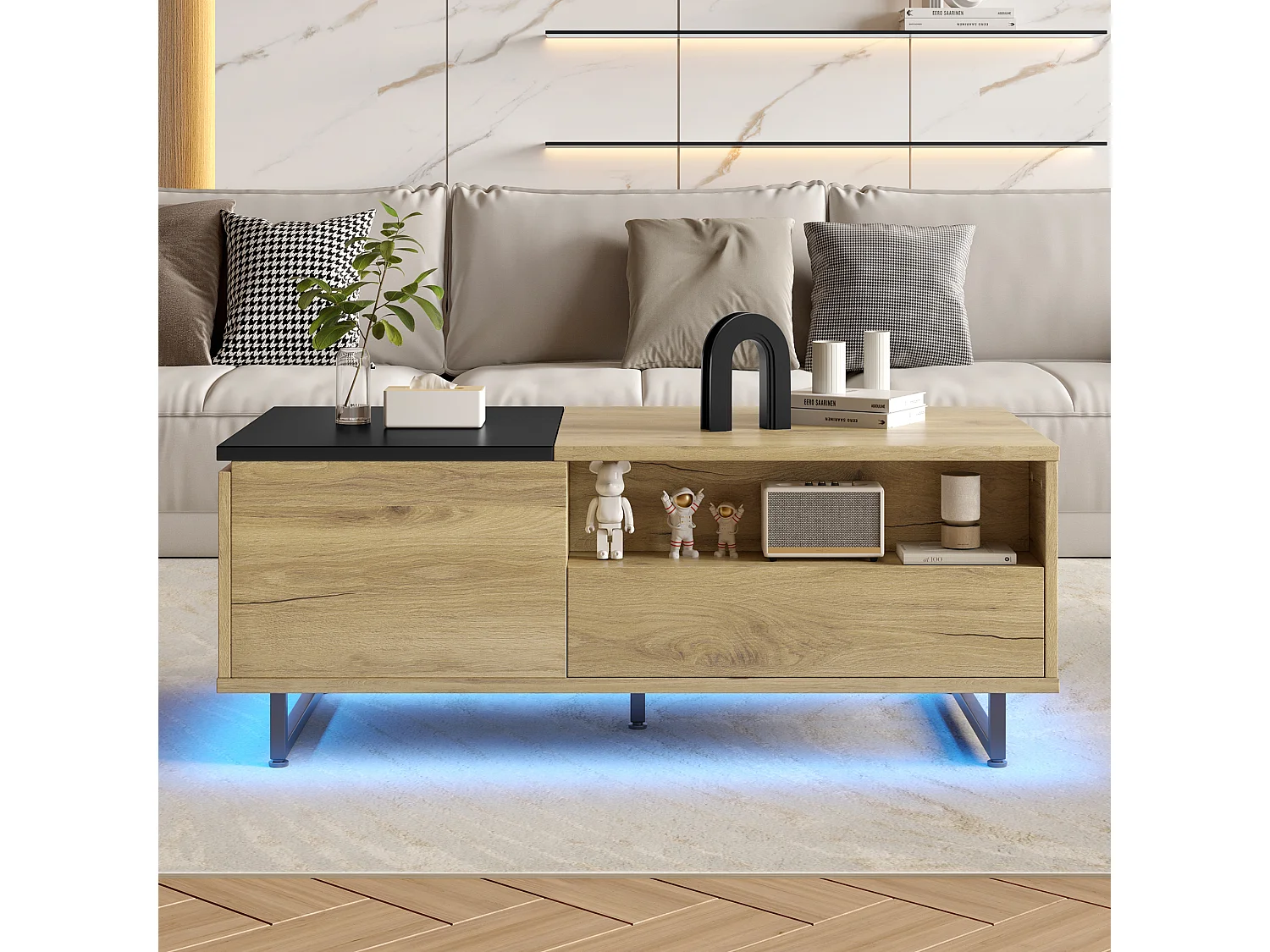 Mesa de centro elevável natural e preta com iluminação LED, gaveta e arrumação 103,5x50x30cm