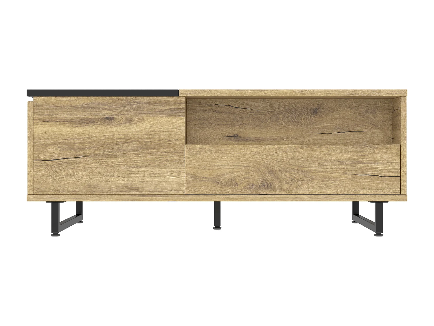 Mesa de centro elevável natural e preta com iluminação LED, gaveta e arrumação 103,5x50x30cm