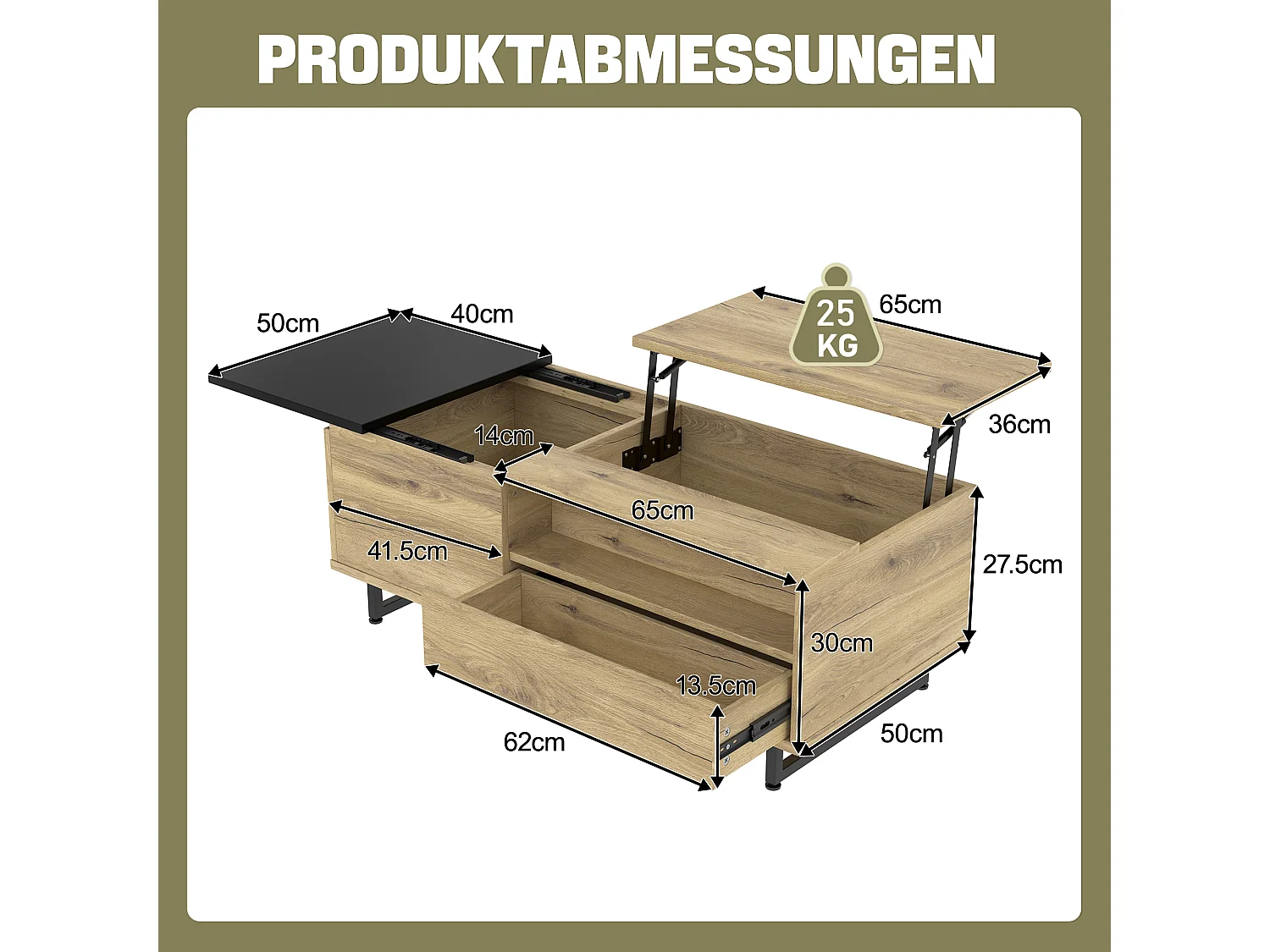 Mesa de centro elevável natural e preta com iluminação LED, gaveta e arrumação 103,5x50x30cm