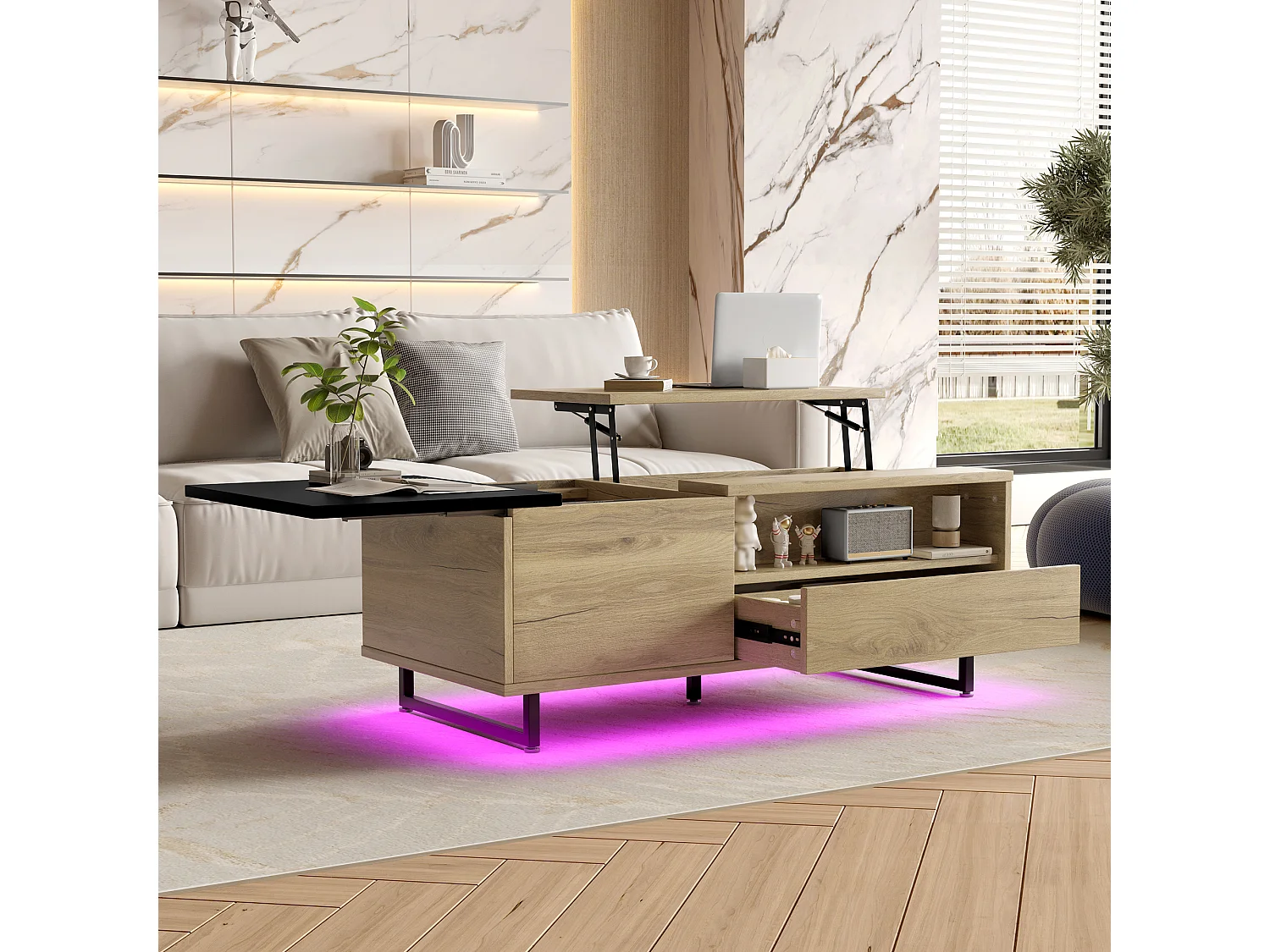 Mesa de centro elevável natural e preta com iluminação LED, gaveta e arrumação 103,5x50x30cm