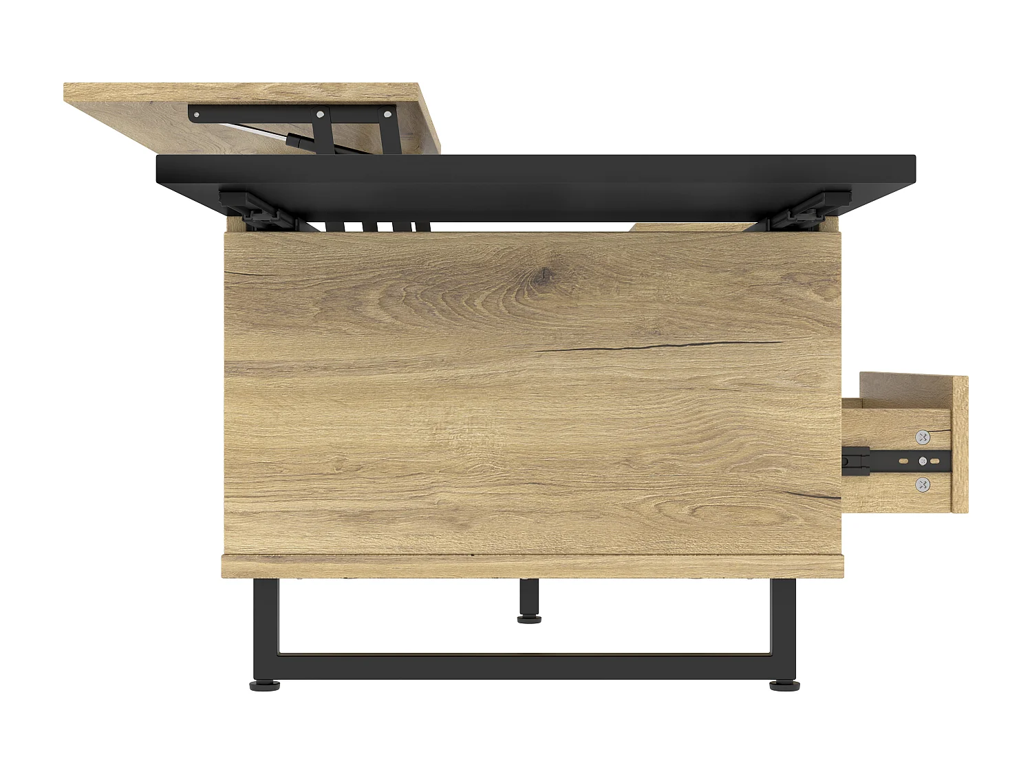 Mesa de centro elevável natural e preta com iluminação LED, gaveta e arrumação 103,5x50x30cm