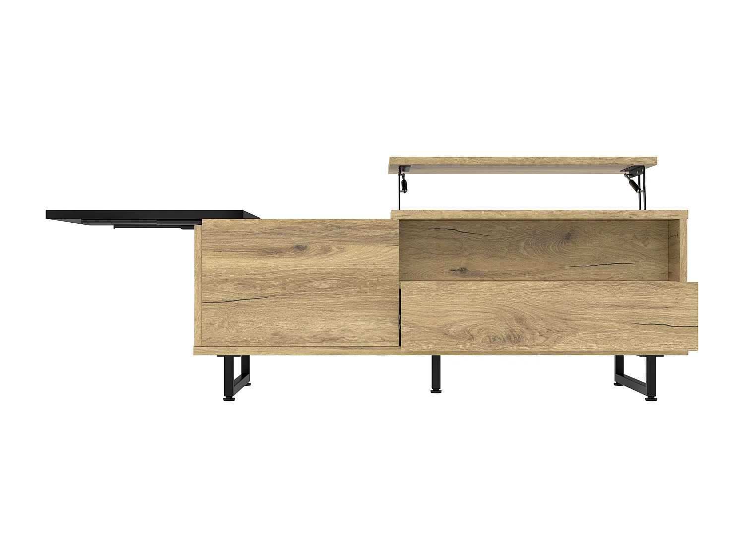 Mesa de centro elevável natural e preta com iluminação LED, gaveta e arrumação 103,5x50x30cm