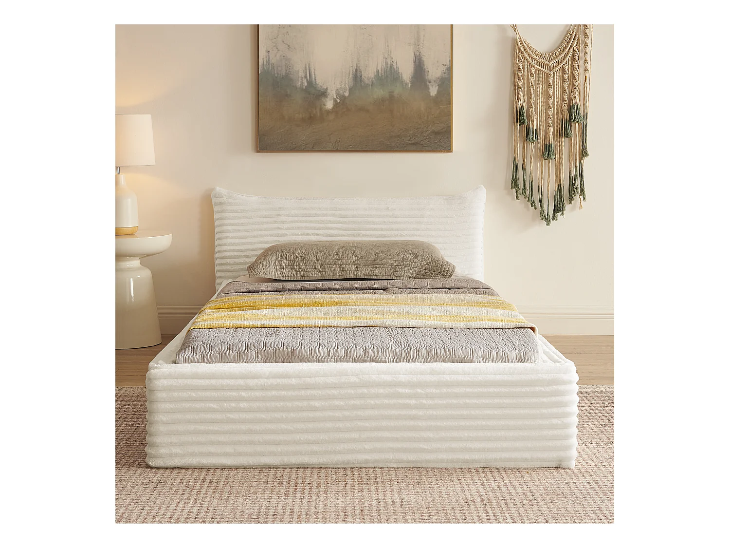 Lit enfant chenille beige 90x200cm, structure métal ,sommier à lattes, sans matelas