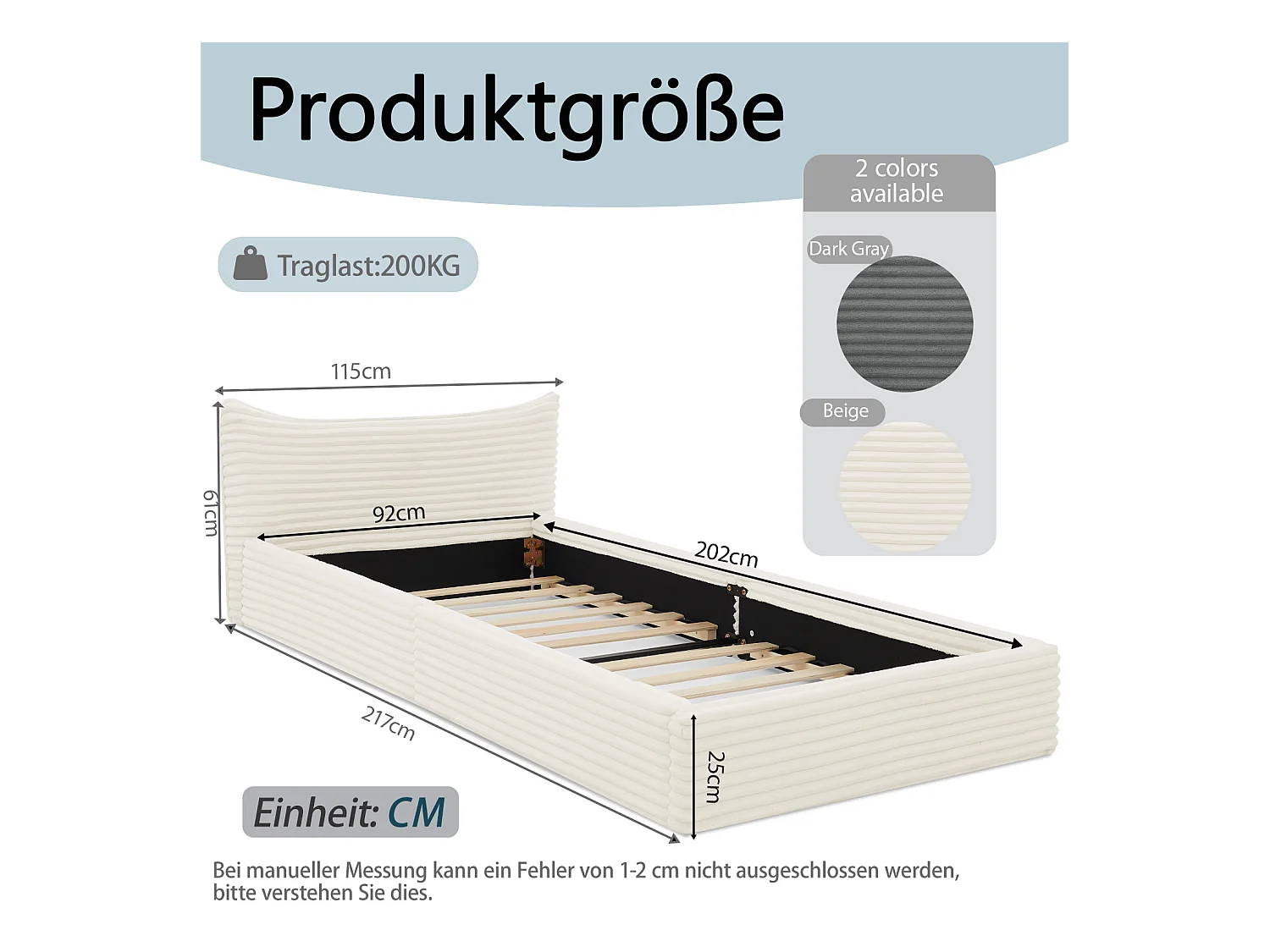 Lit enfant chenille beige 90x200cm, structure métal ,sommier à lattes, sans matelas