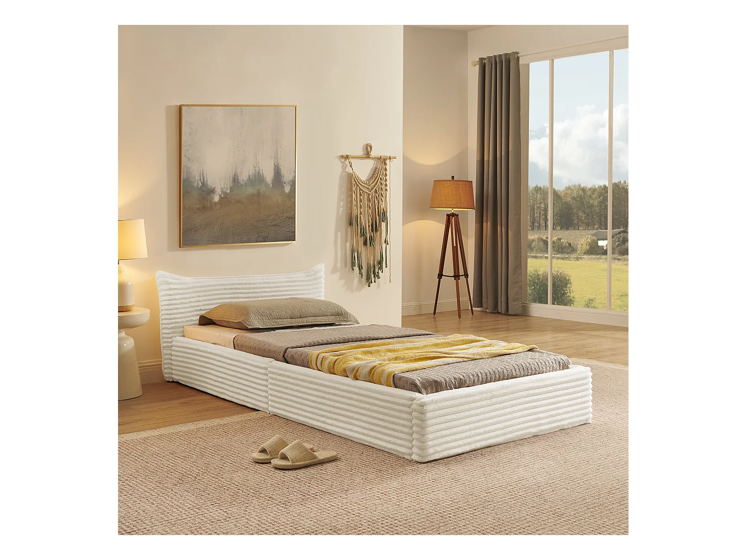 Lit enfant chenille beige 90x200cm, structure métal ,sommier à lattes, sans matelas