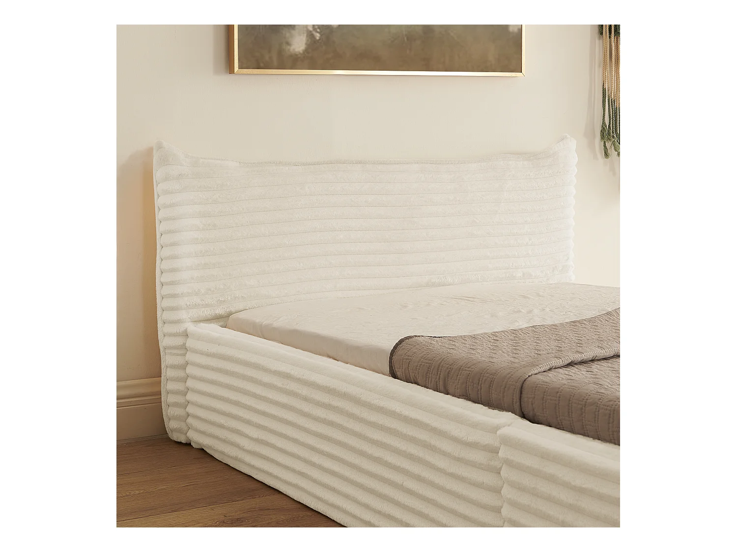 Lit enfant chenille beige 90x200cm, structure métal ,sommier à lattes, sans matelas