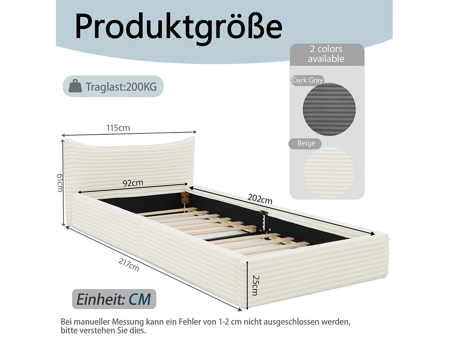 Lit enfant chenille beige 90x200cm, structure métal ,sommier à lattes, sans matelas