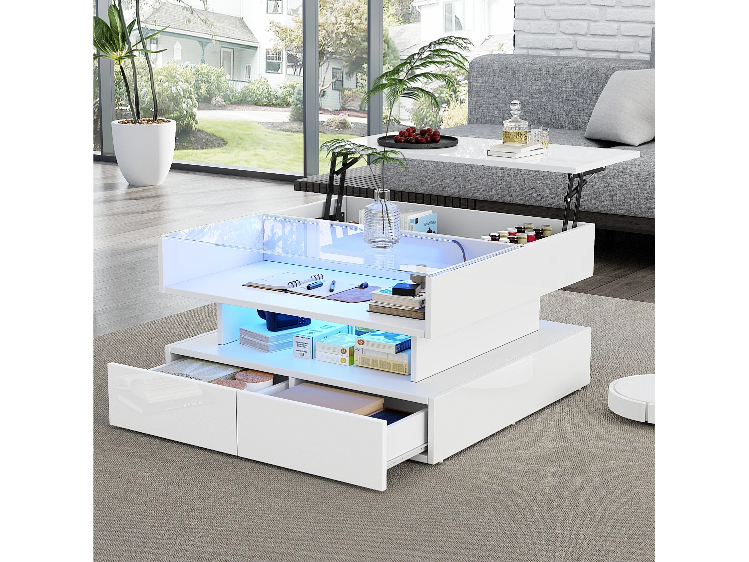 Tavolino da caffè bianco sollevabile con 2 cassetti, illuminazione a LED e spazio di archiviazione, piano in vetro semi-temperato