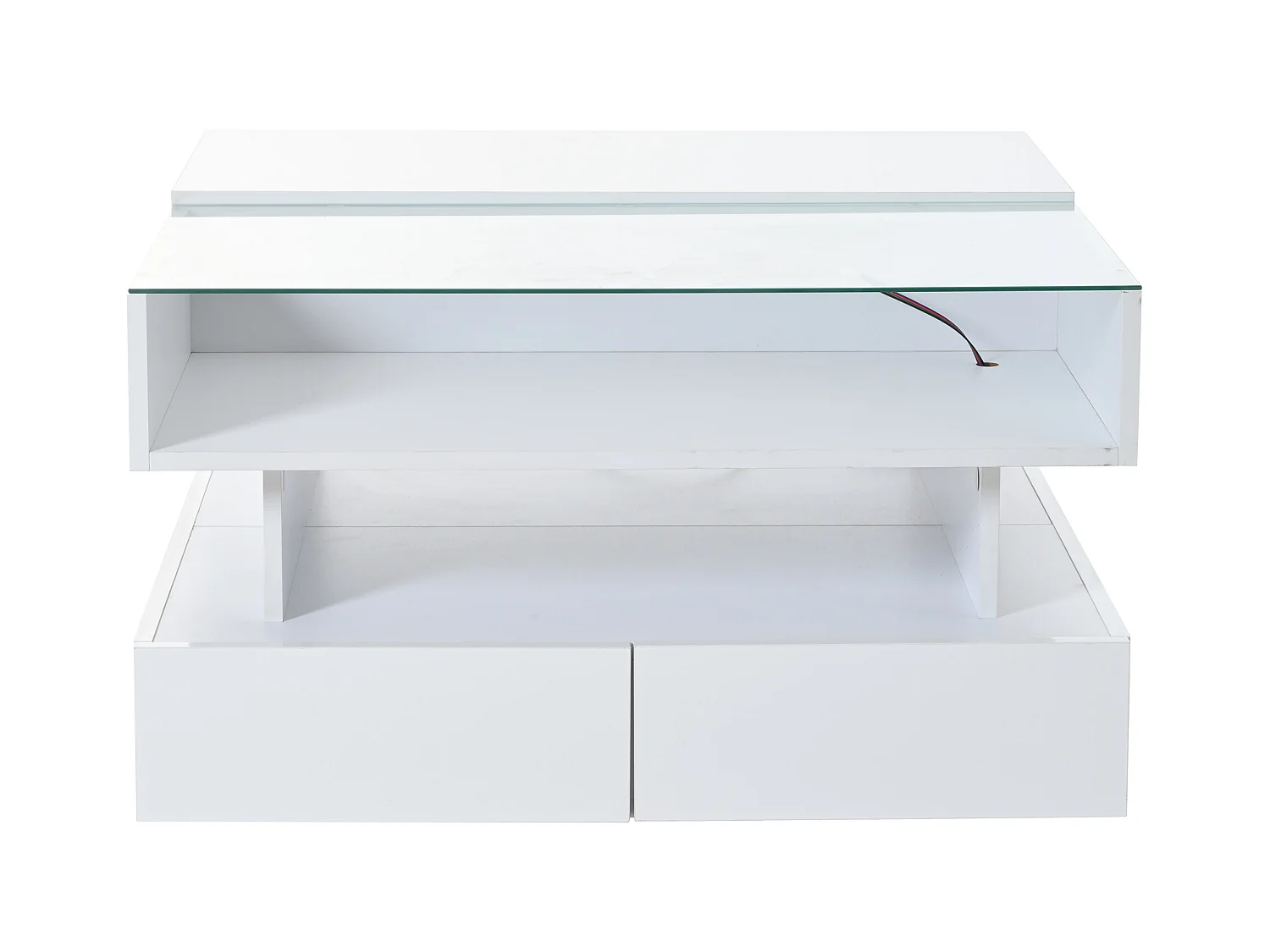 Tavolino da caffè bianco sollevabile con 2 cassetti, illuminazione a LED e spazio di archiviazione, piano in vetro semi-temperato