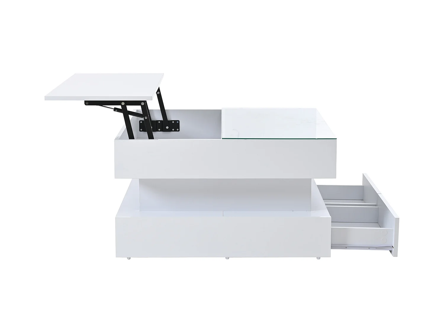 Tavolino da caffè bianco sollevabile con 2 cassetti, illuminazione a LED e spazio di archiviazione, piano in vetro semi-temperato