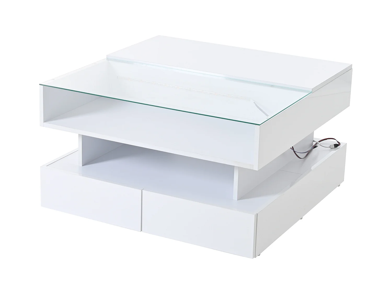 Tavolino da caffè bianco sollevabile con 2 cassetti, illuminazione a LED e spazio di archiviazione, piano in vetro semi-temperato