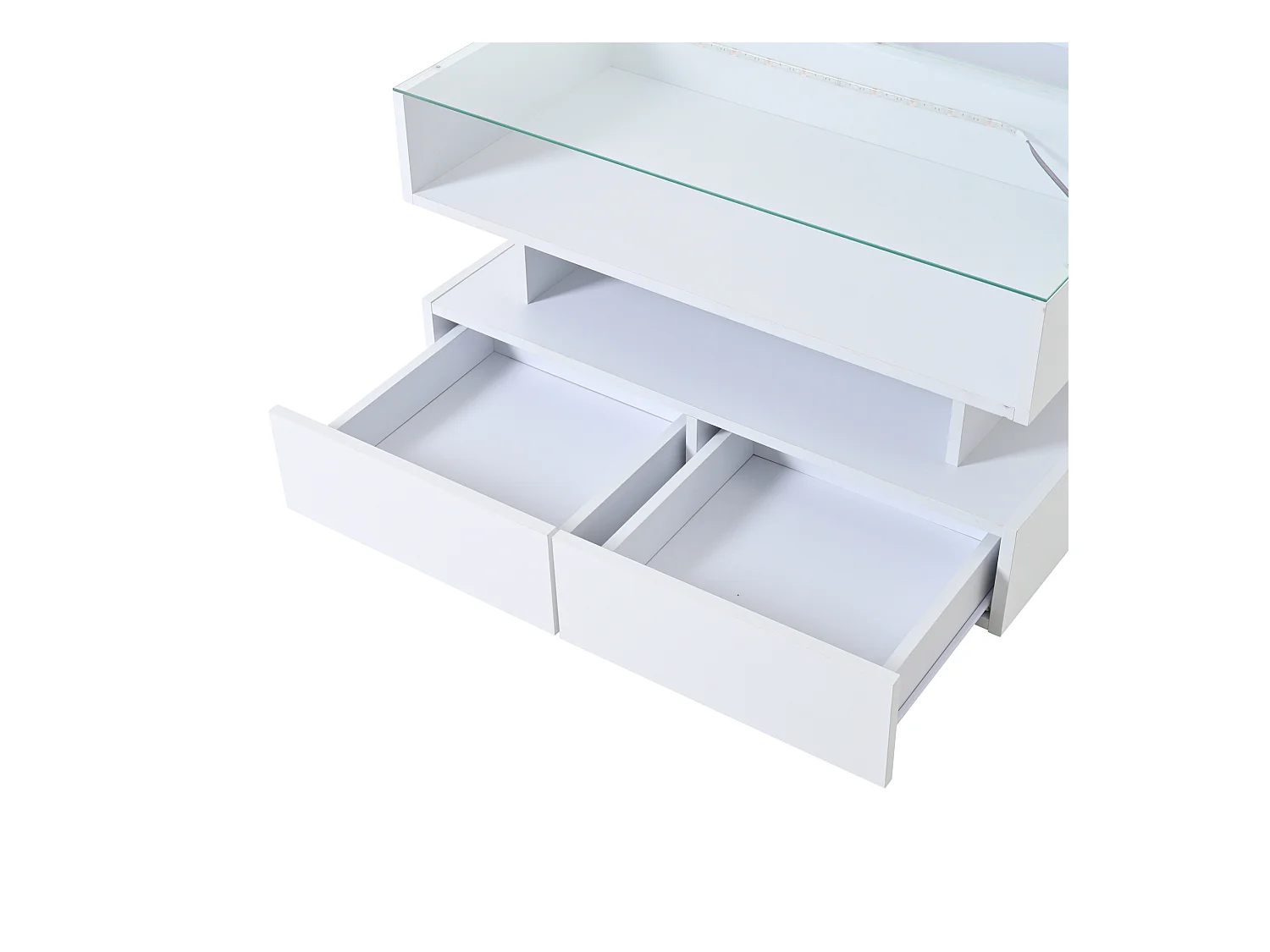 Tavolino da caffè bianco sollevabile con 2 cassetti, illuminazione a LED e spazio di archiviazione, piano in vetro semi-temperato