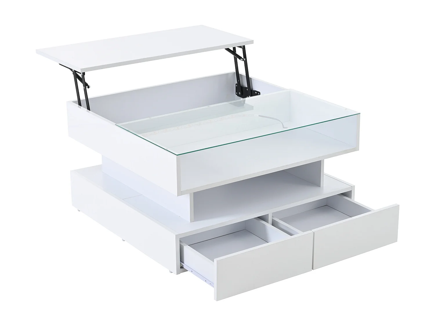 Witte opklapbare salontafel met 2 lades, ledverlichting en opbergruimte, blad van semi-gehard glas