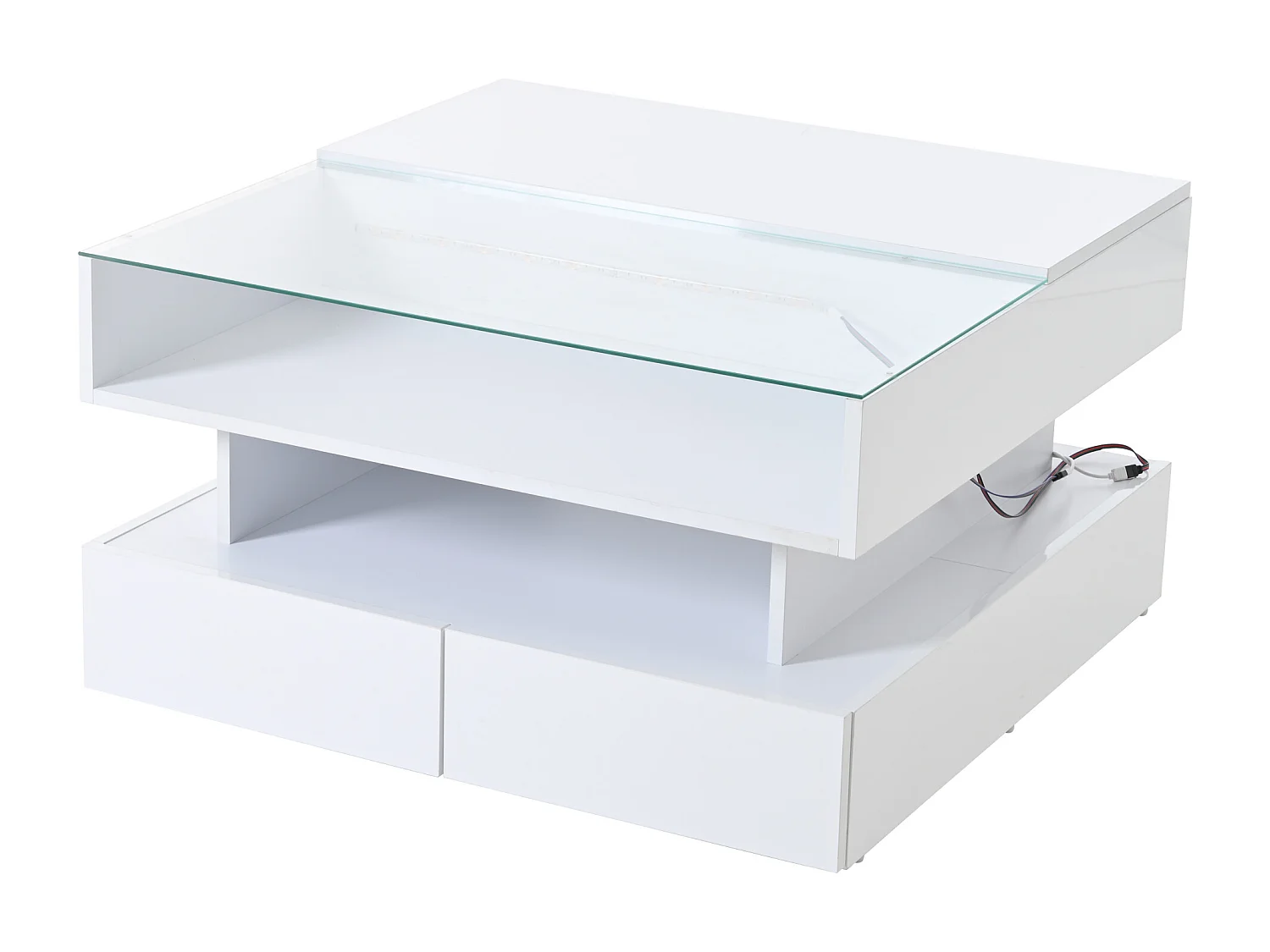 Witte opklapbare salontafel met 2 lades, ledverlichting en opbergruimte, blad van semi-gehard glas