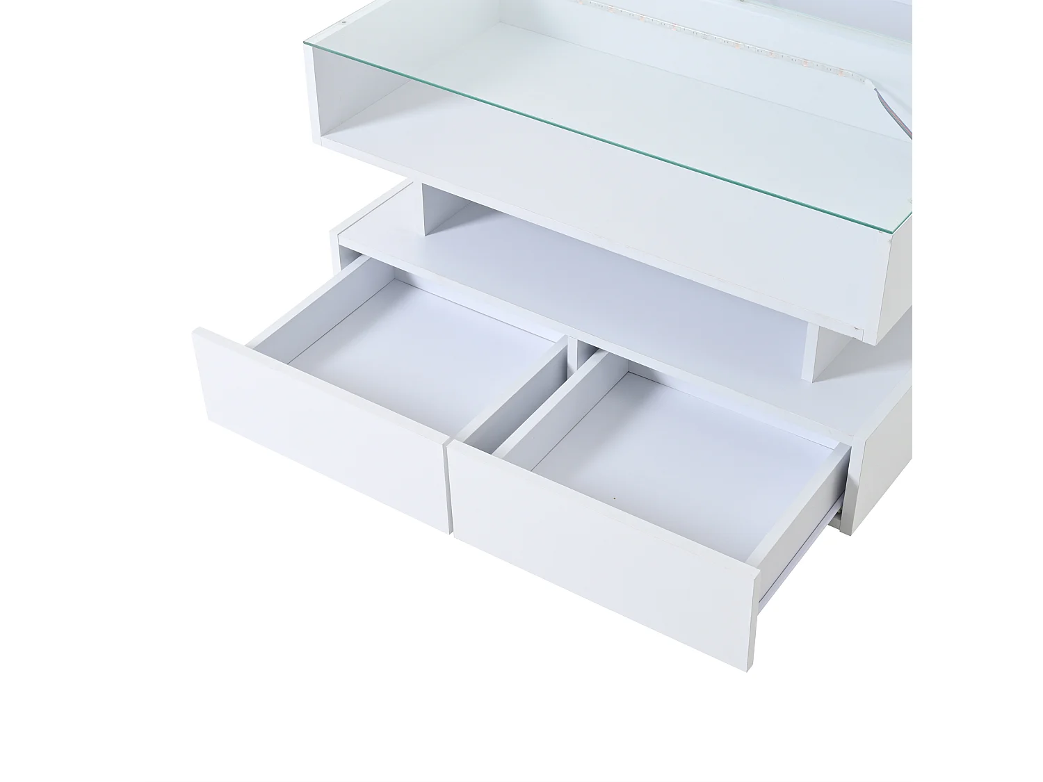 Witte opklapbare salontafel met 2 lades, ledverlichting en opbergruimte, blad van semi-gehard glas