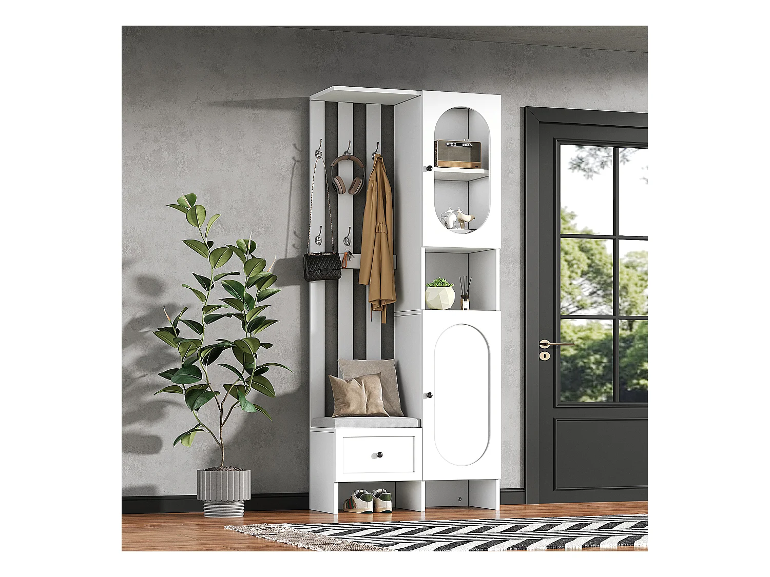 Vestiaire blanc avec 2 portes, tiroir, patères et banc, porte en verre 85x33,5x200cm