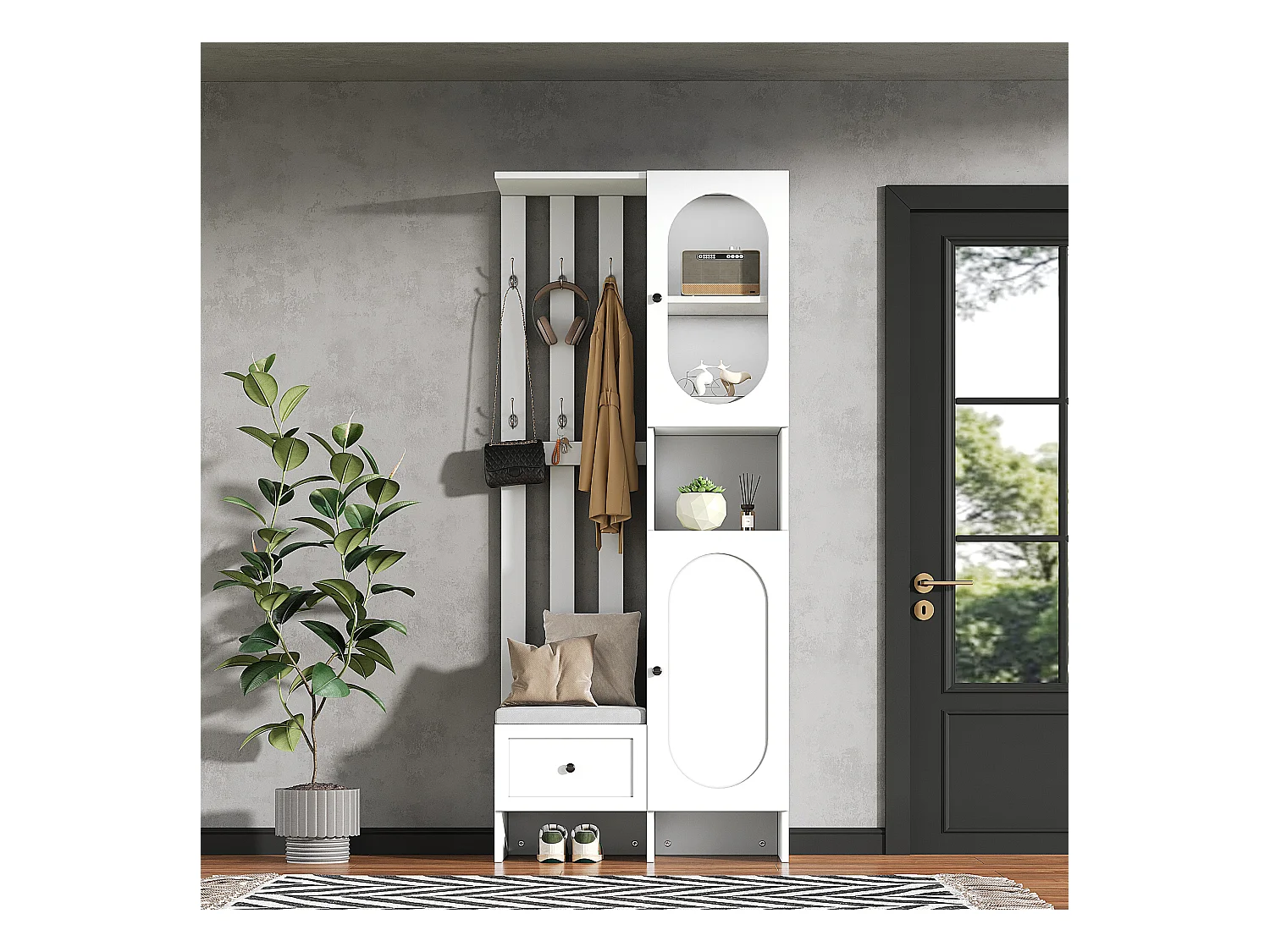 Vestiaire blanc avec 2 portes, tiroir, patères et banc, porte en verre 85x33,5x200cm