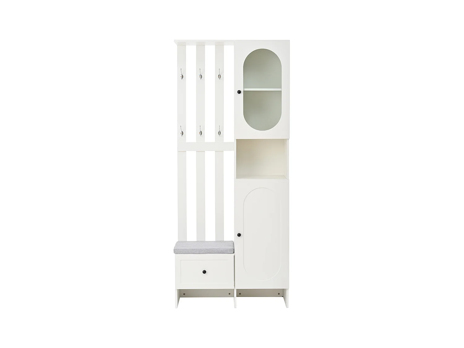 Vestiaire blanc avec 2 portes, tiroir, patères et banc, porte en verre 85x33,5x200cm