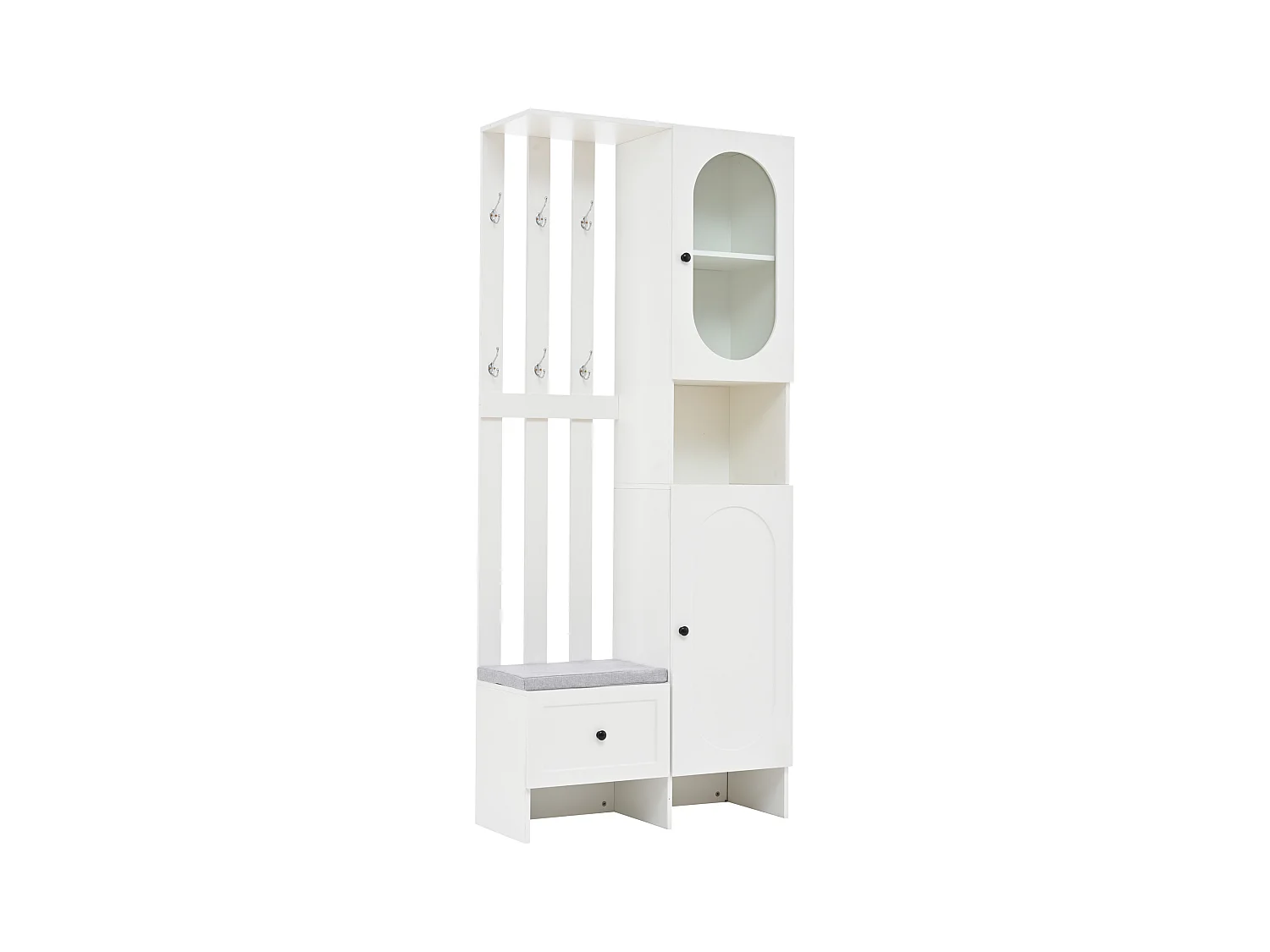 Vestiaire blanc avec 2 portes, tiroir, patères et banc, porte en verre 85x33,5x200cm