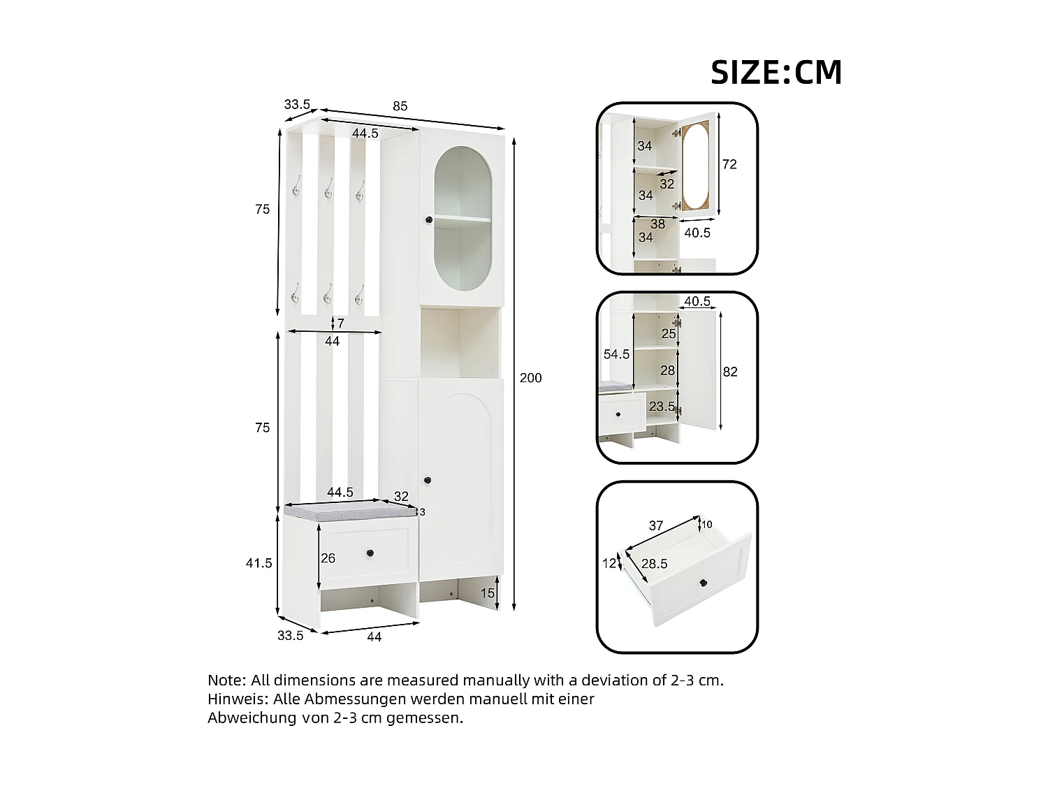 Witte kledingkast met 2 deuren, lade, haken en bank, glazen deur 85x33,5x200cm