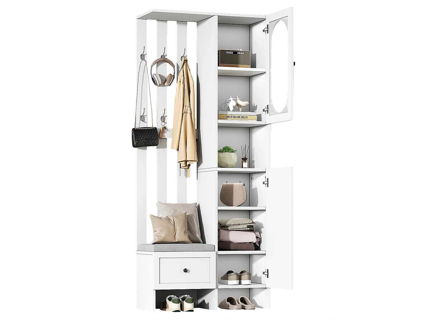 Witte kledingkast met 2 deuren, lade, haken en bank, glazen deur 85x33,5x200cm