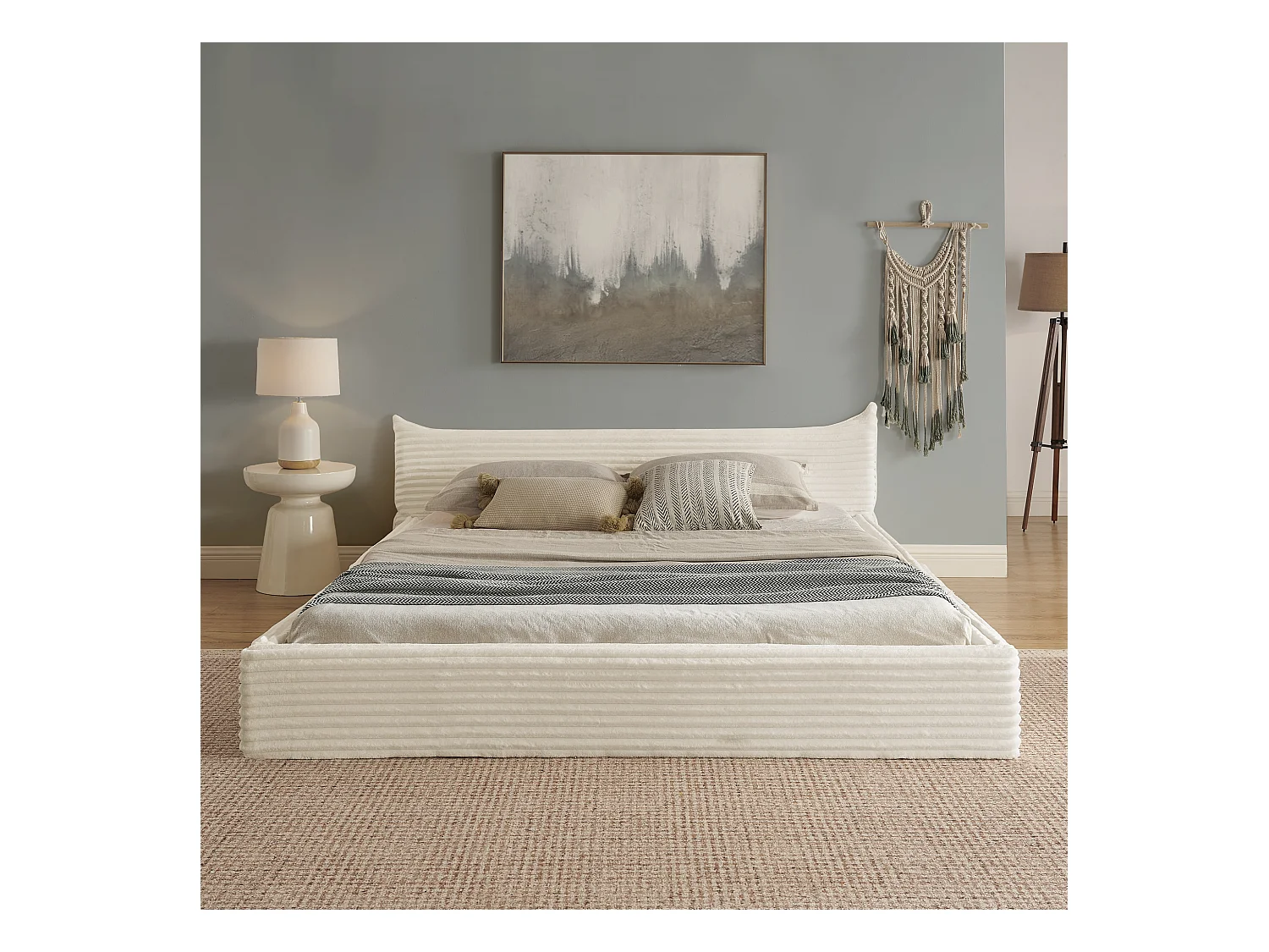 Lit double adulte en chenille beige 140x200cm, structure métal, sommier à lattes,sans matelas