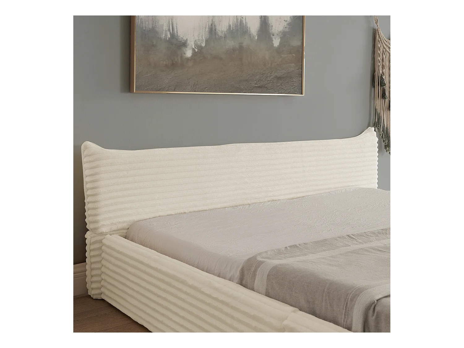 Lit double adulte en chenille beige 140x200cm, structure métal, sommier à lattes,sans matelas