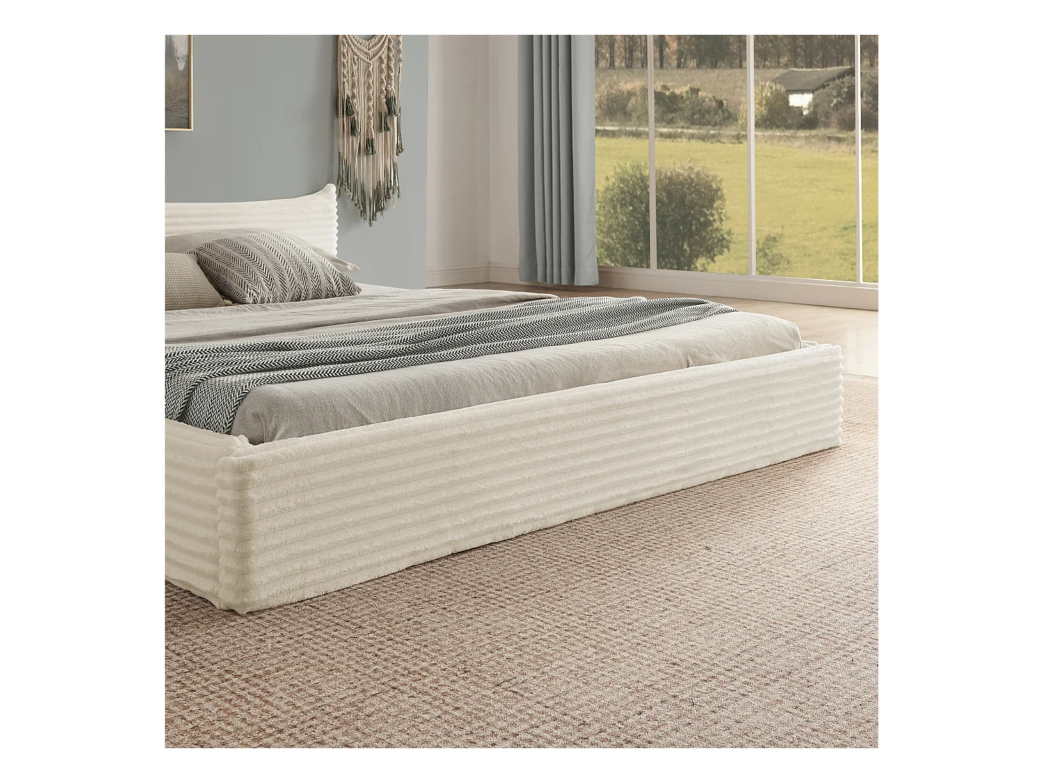 Lit double adulte en chenille beige 140x200cm, structure métal, sommier à lattes,sans matelas