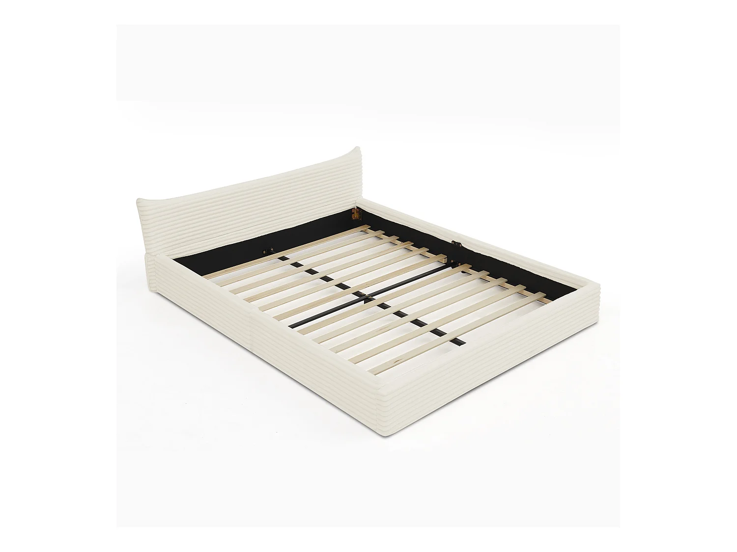 Lit double adulte en chenille beige 140x200cm, structure métal, sommier à lattes,sans matelas