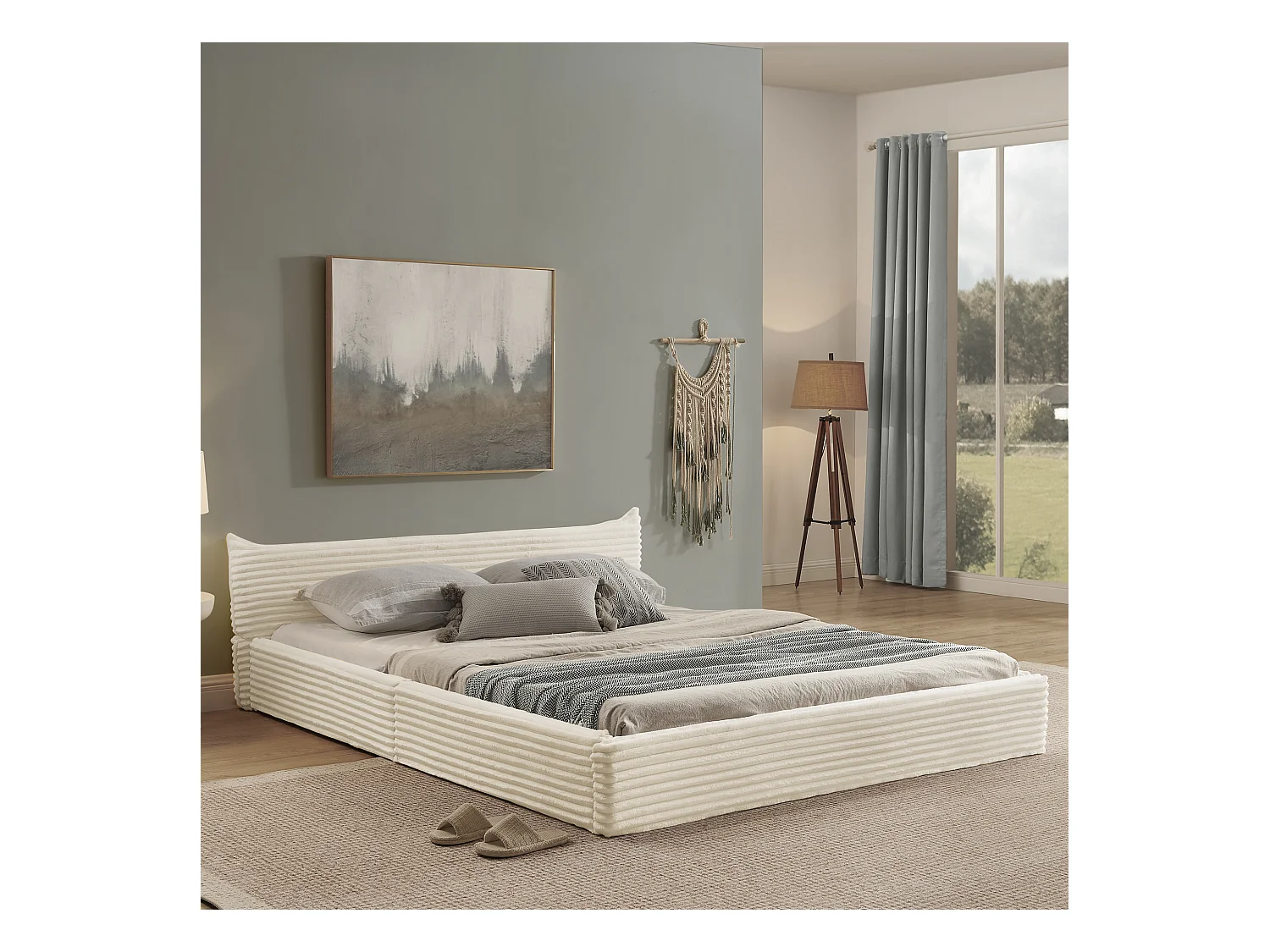 Lit double adulte en chenille beige 140x200cm, structure métal, sommier à lattes,sans matelas