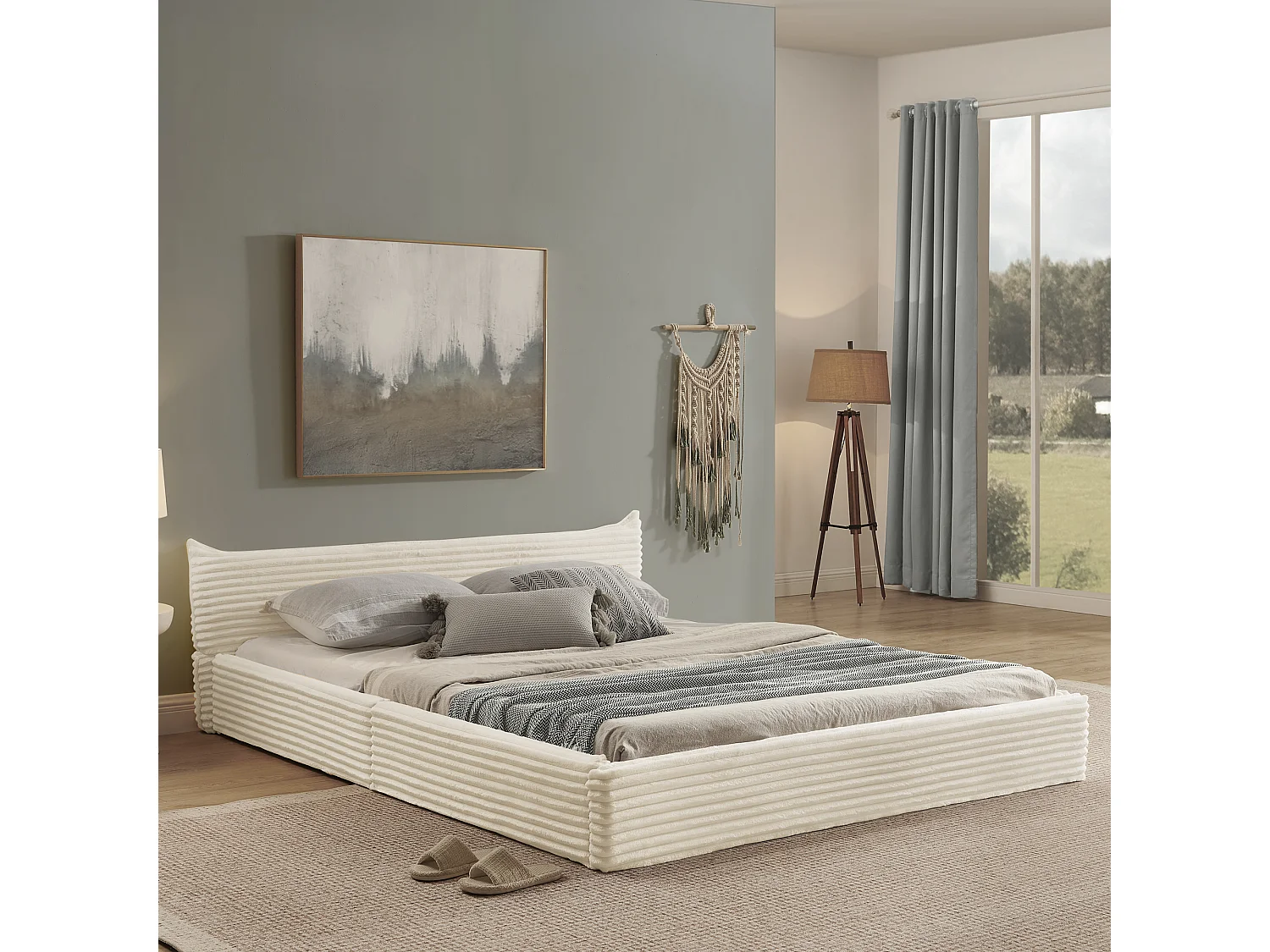 Lit double adulte en chenille beige 140x200cm, structure métal, sommier à lattes,sans matelas