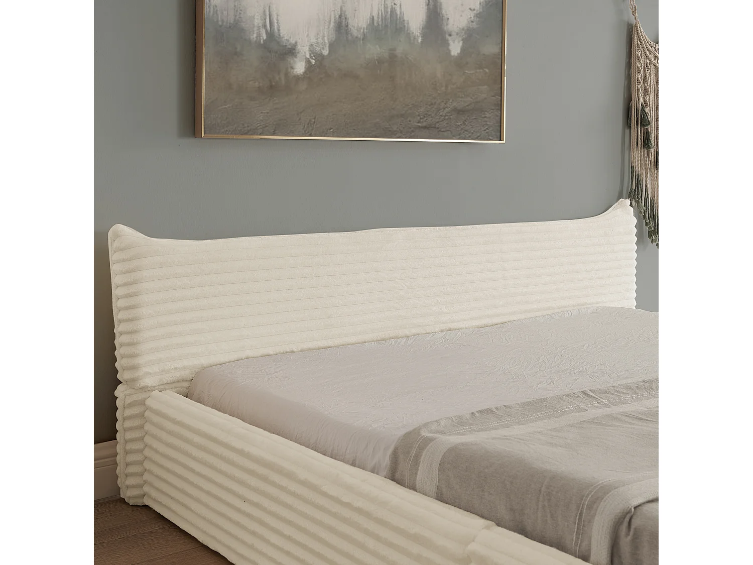 Lit double adulte en chenille beige 140x200cm, structure métal, sommier à lattes,sans matelas